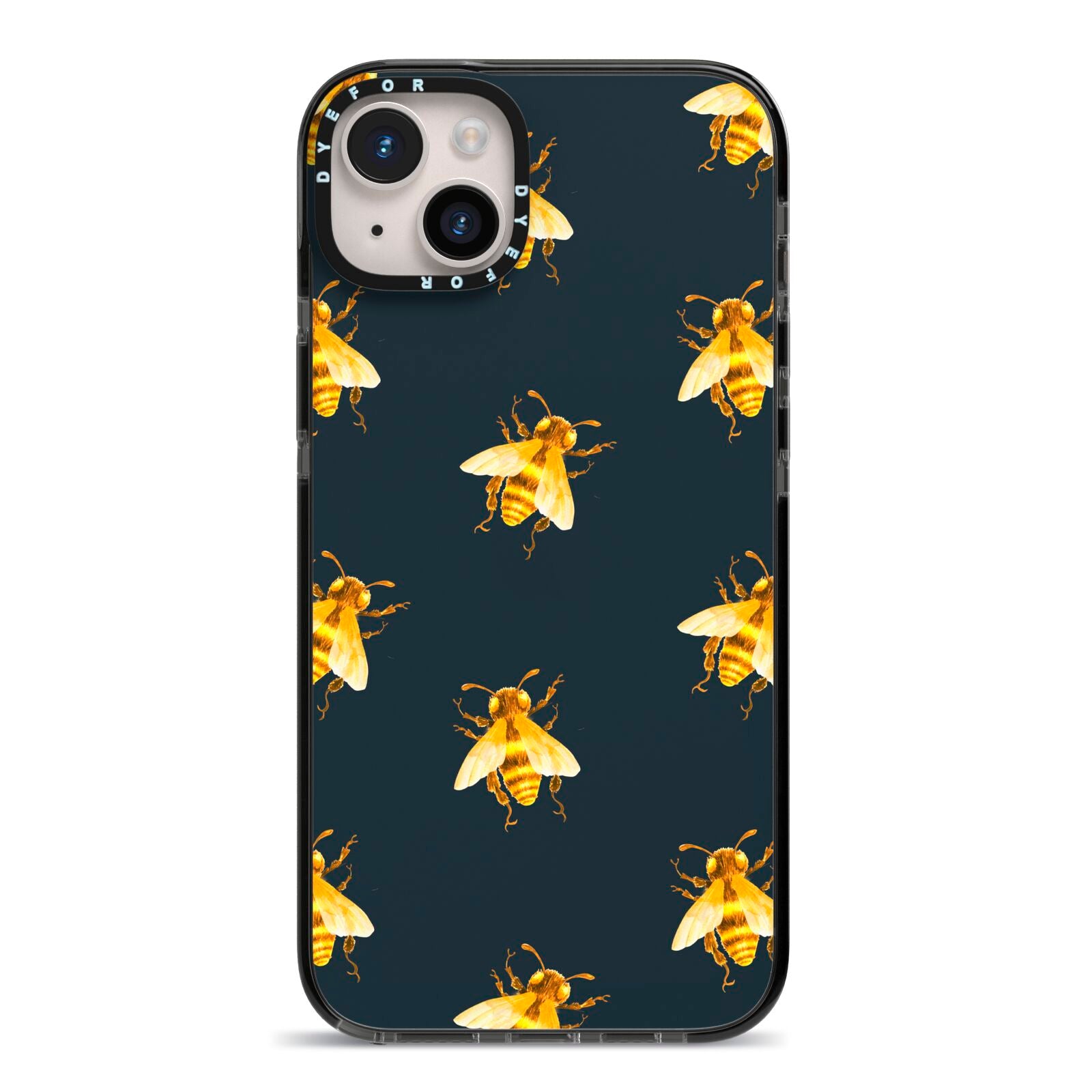 Golden Bees with Navy Background iPhone 14 Plus Black Impact Case on Silver phone