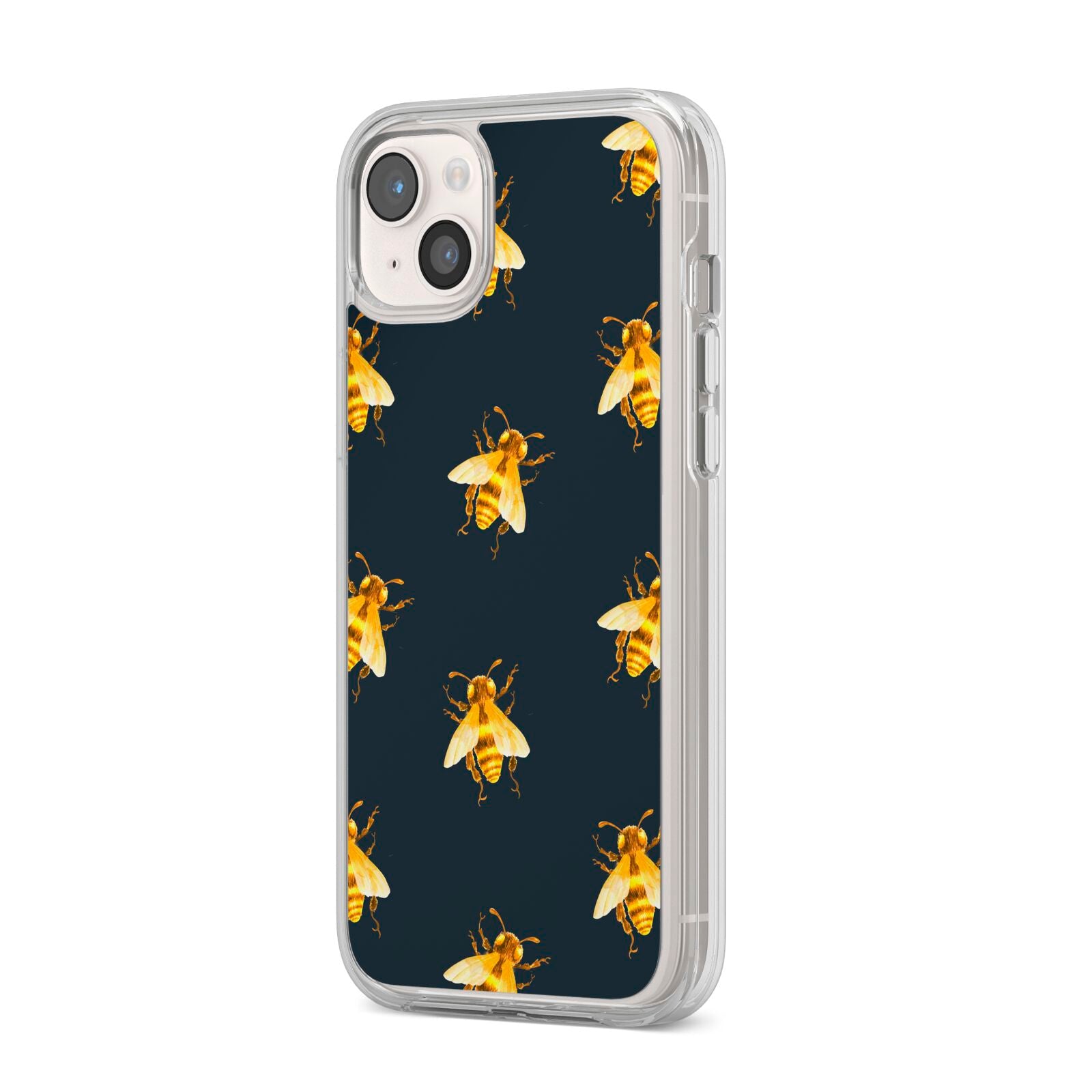 Golden Bees with Navy Background iPhone 14 Plus Clear Tough Case Starlight Angled Image