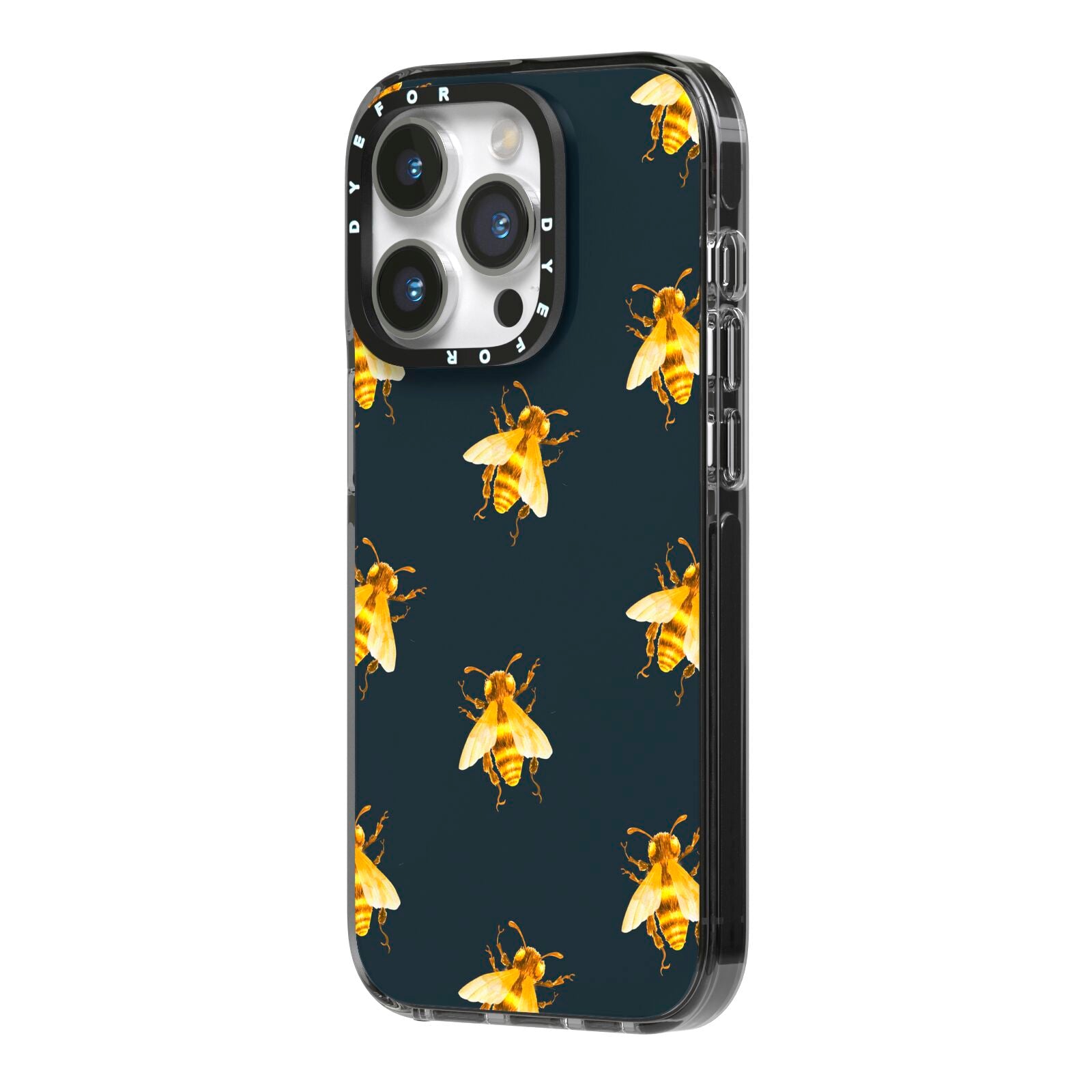Golden Bees with Navy Background iPhone 14 Pro Black Impact Case Side Angle on Silver phone