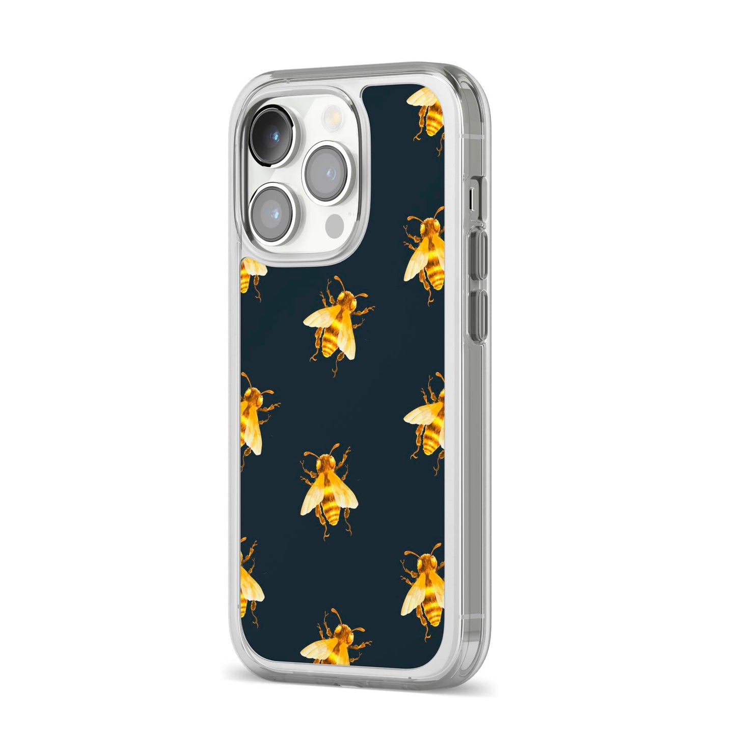Golden Bees with Navy Background iPhone 14 Pro Clear Tough Case Silver Angled Image