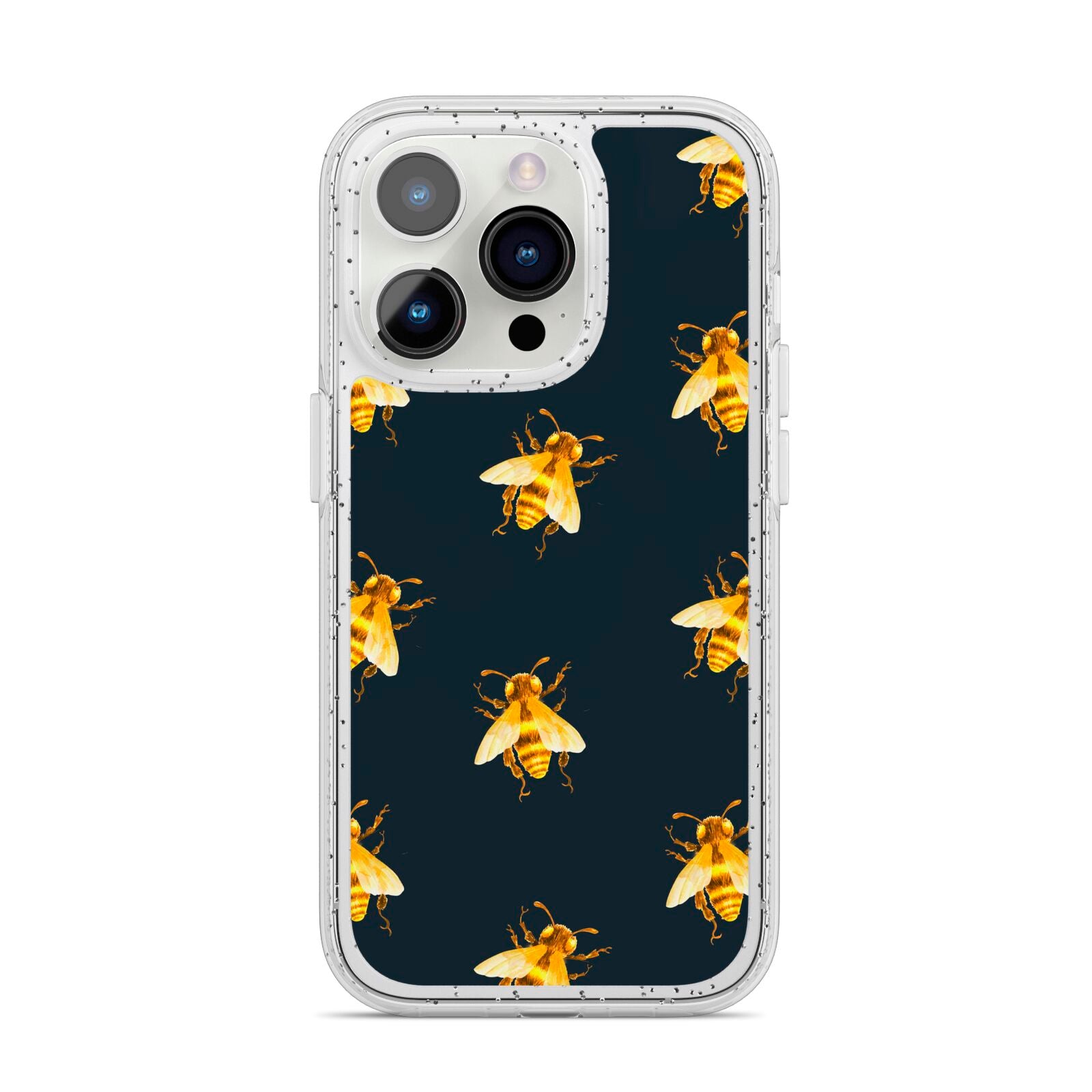 Golden Bees with Navy Background iPhone 14 Pro Glitter Tough Case Silver