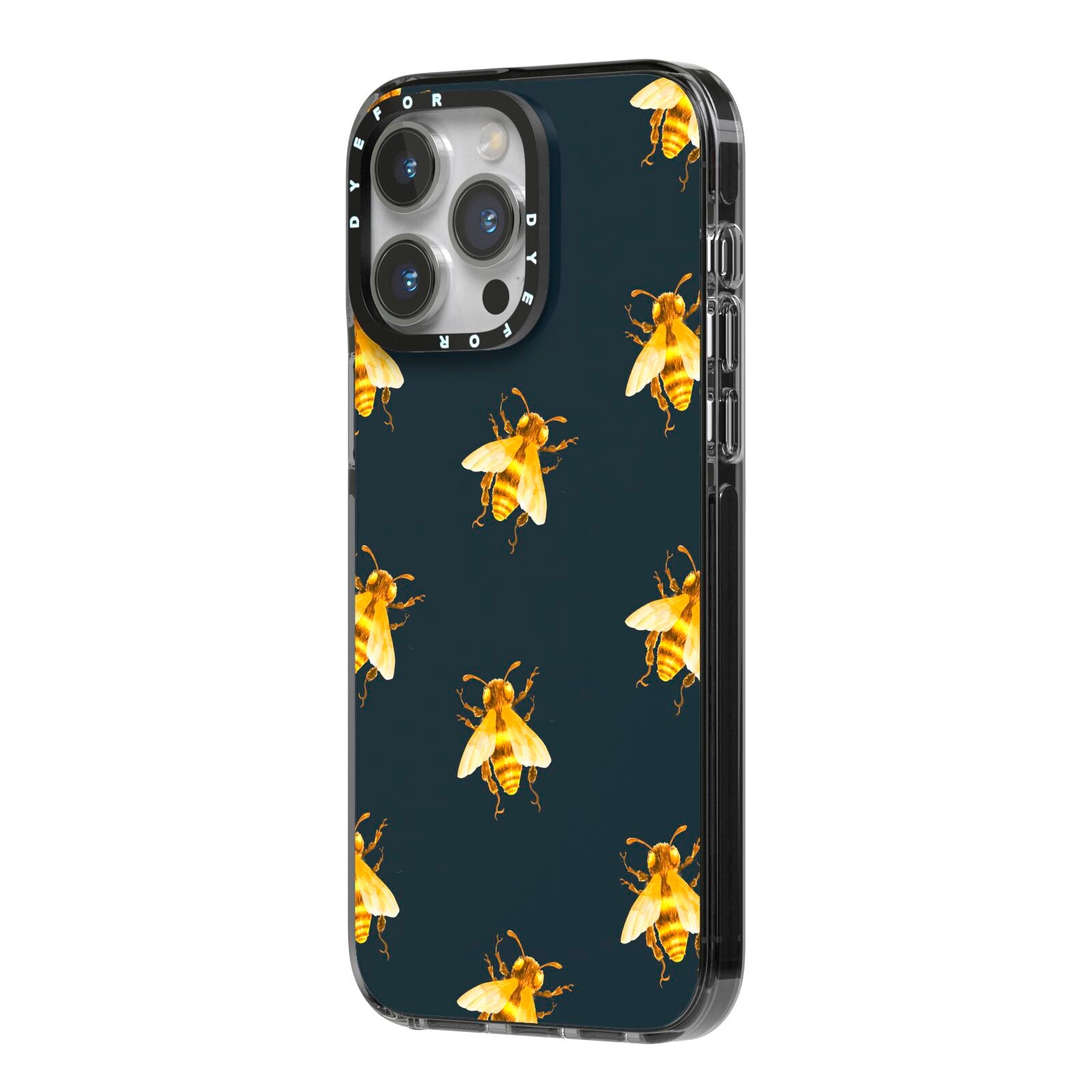 Golden Bees with Navy Background iPhone 14 Pro Max Black Impact Case Side Angle on Silver phone