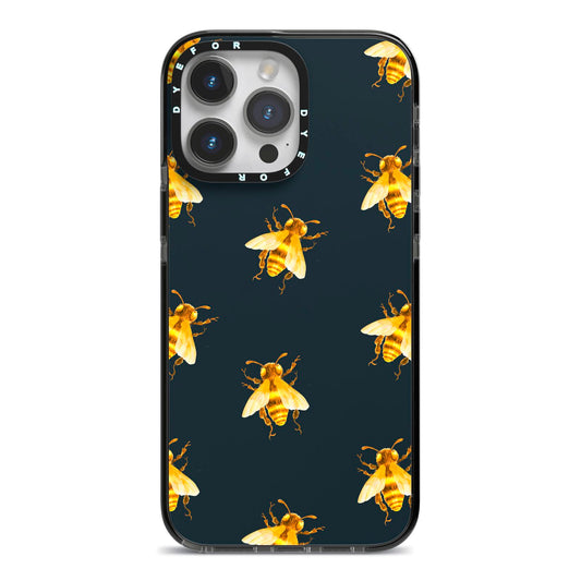 Golden Bees with Navy Background iPhone 14 Pro Max Black Impact Case on Silver phone