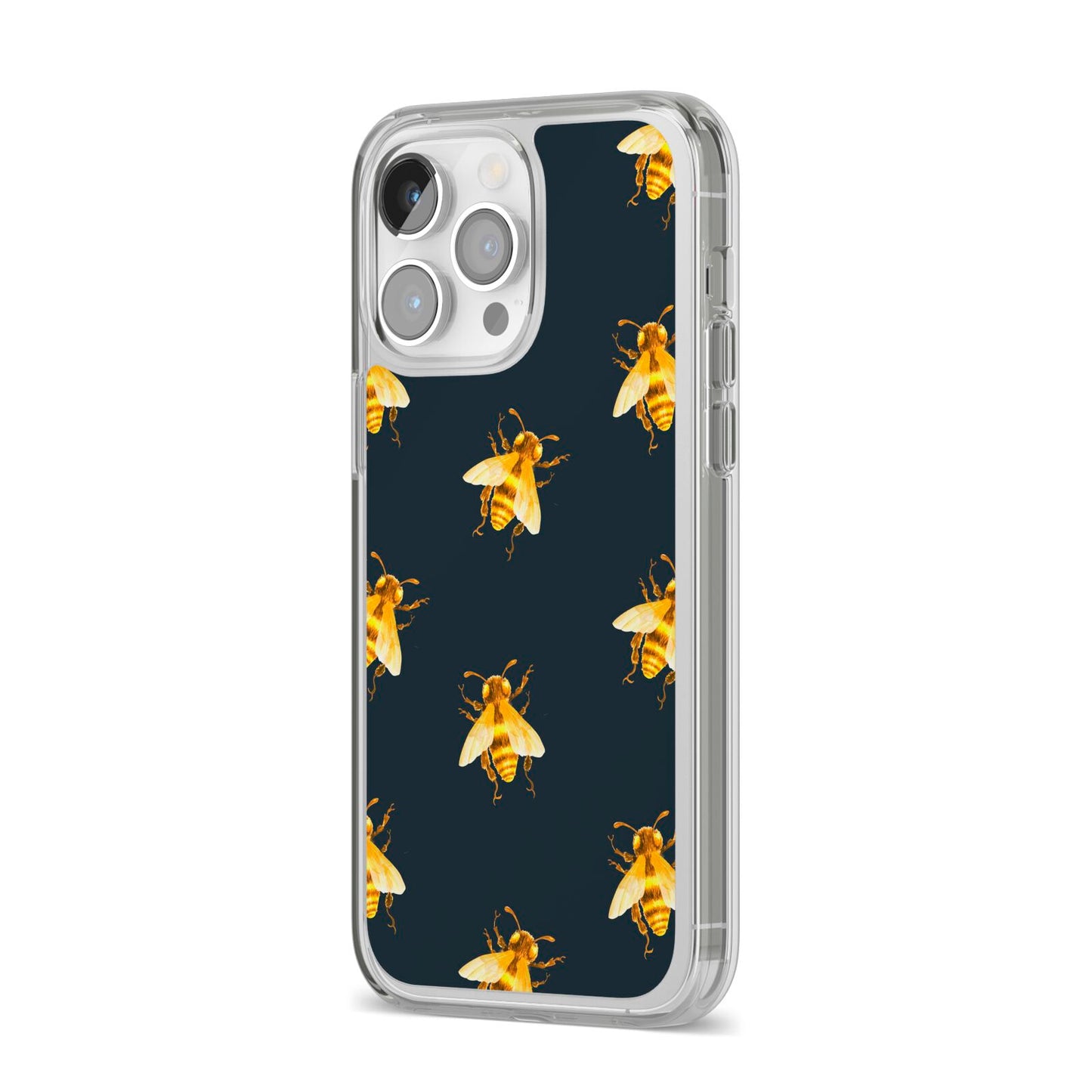 Golden Bees with Navy Background iPhone 14 Pro Max Clear Tough Case Silver Angled Image