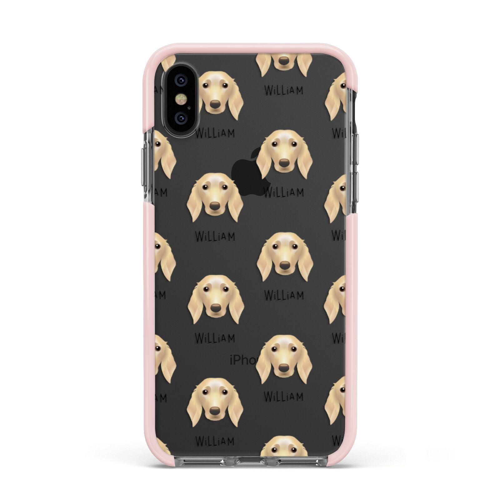 Golden Dox Icon with Name Apple iPhone Xs Impact Case Pink Edge on Black Phone