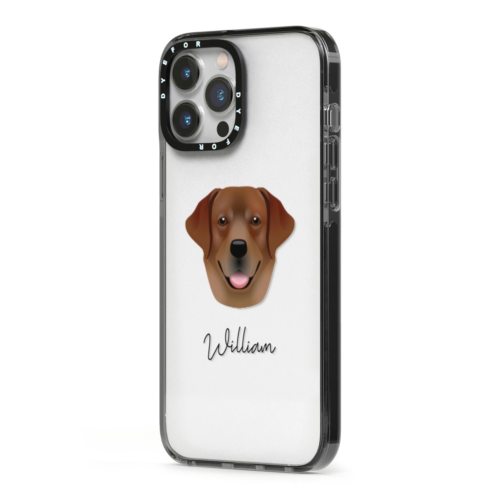 Golden Labrador Personalised iPhone 13 Pro Max Black Impact Case Side Angle on Silver phone