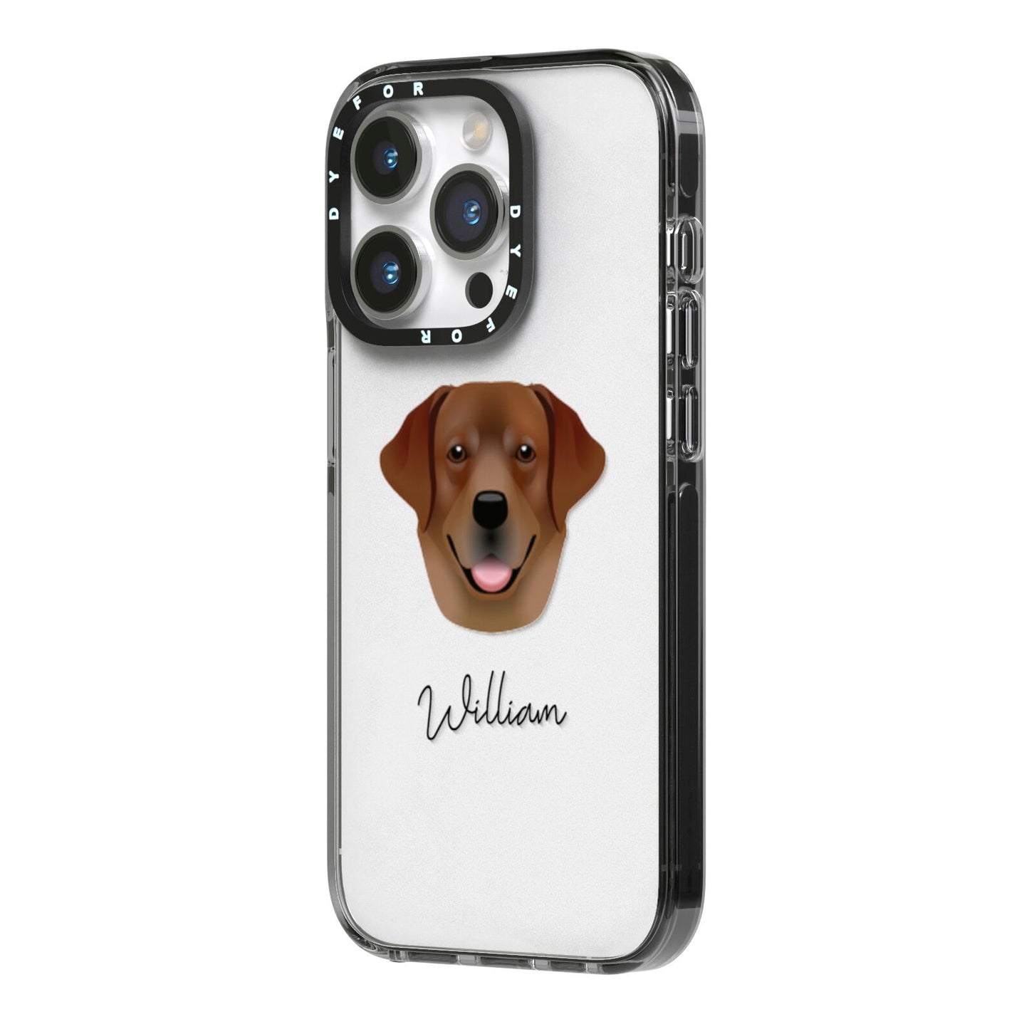 Golden Labrador Personalised iPhone 14 Pro Black Impact Case Side Angle on Silver phone