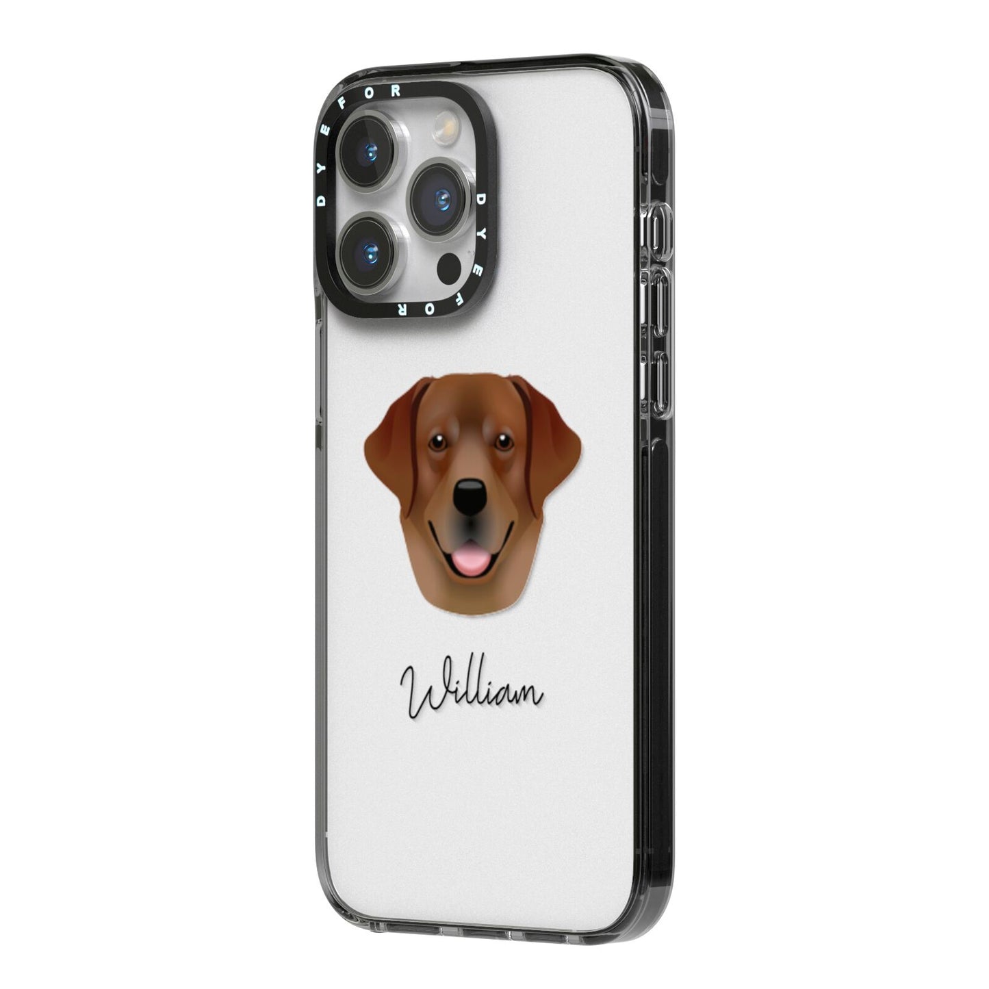 Golden Labrador Personalised iPhone 14 Pro Max Black Impact Case Side Angle on Silver phone