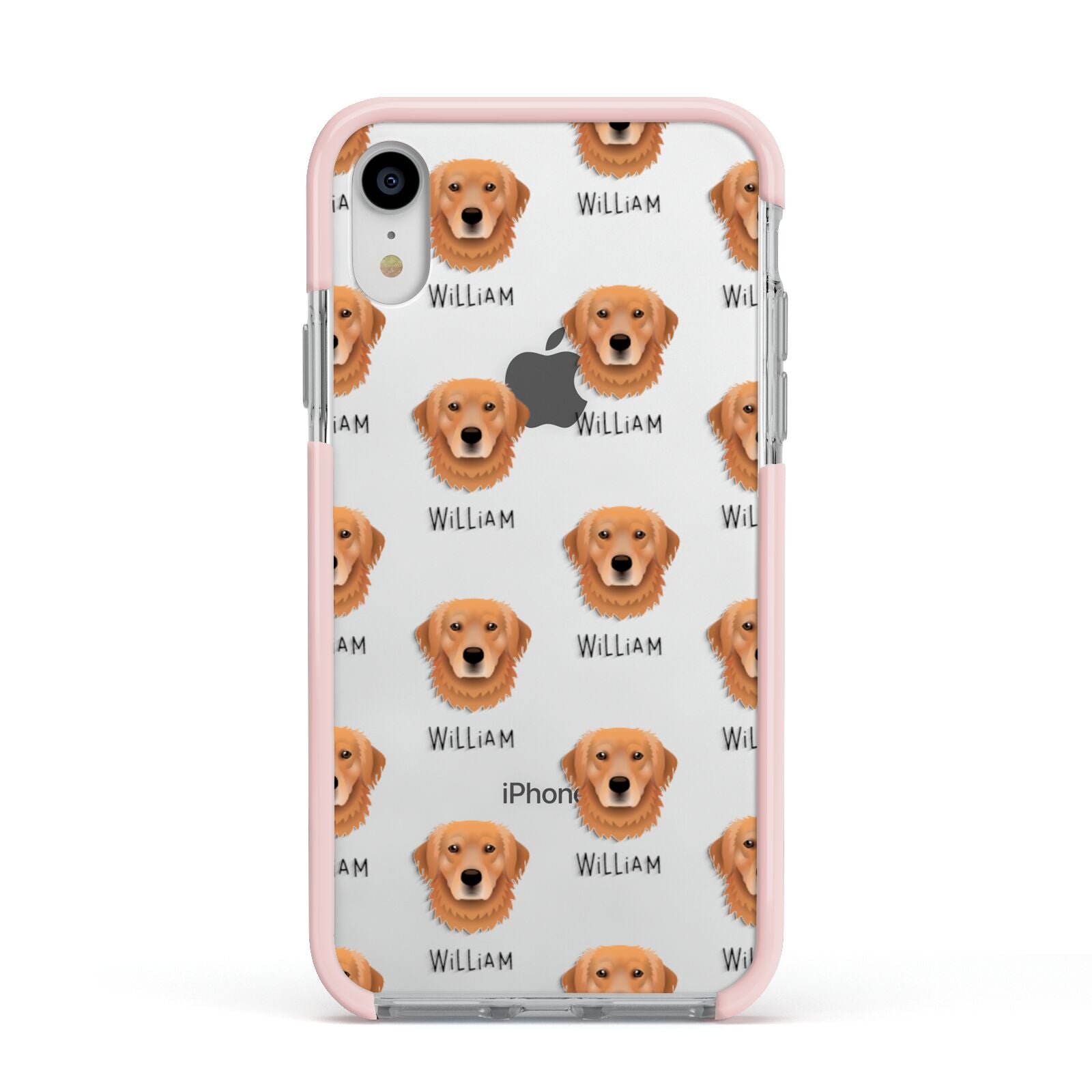 Golden Retriever Icon with Name Apple iPhone XR Impact Case Pink Edge on Silver Phone