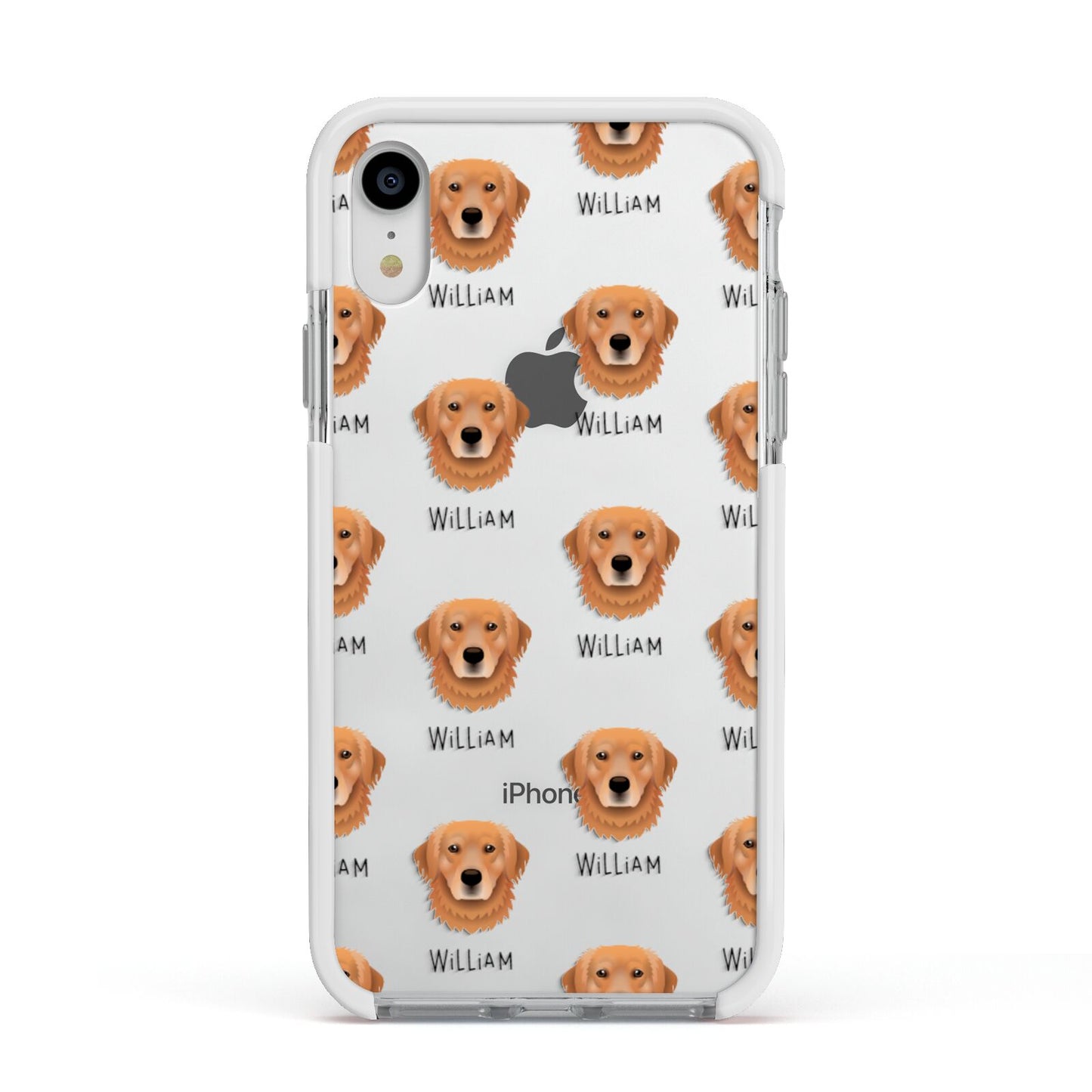 Golden Retriever Icon with Name Apple iPhone XR Impact Case White Edge on Silver Phone