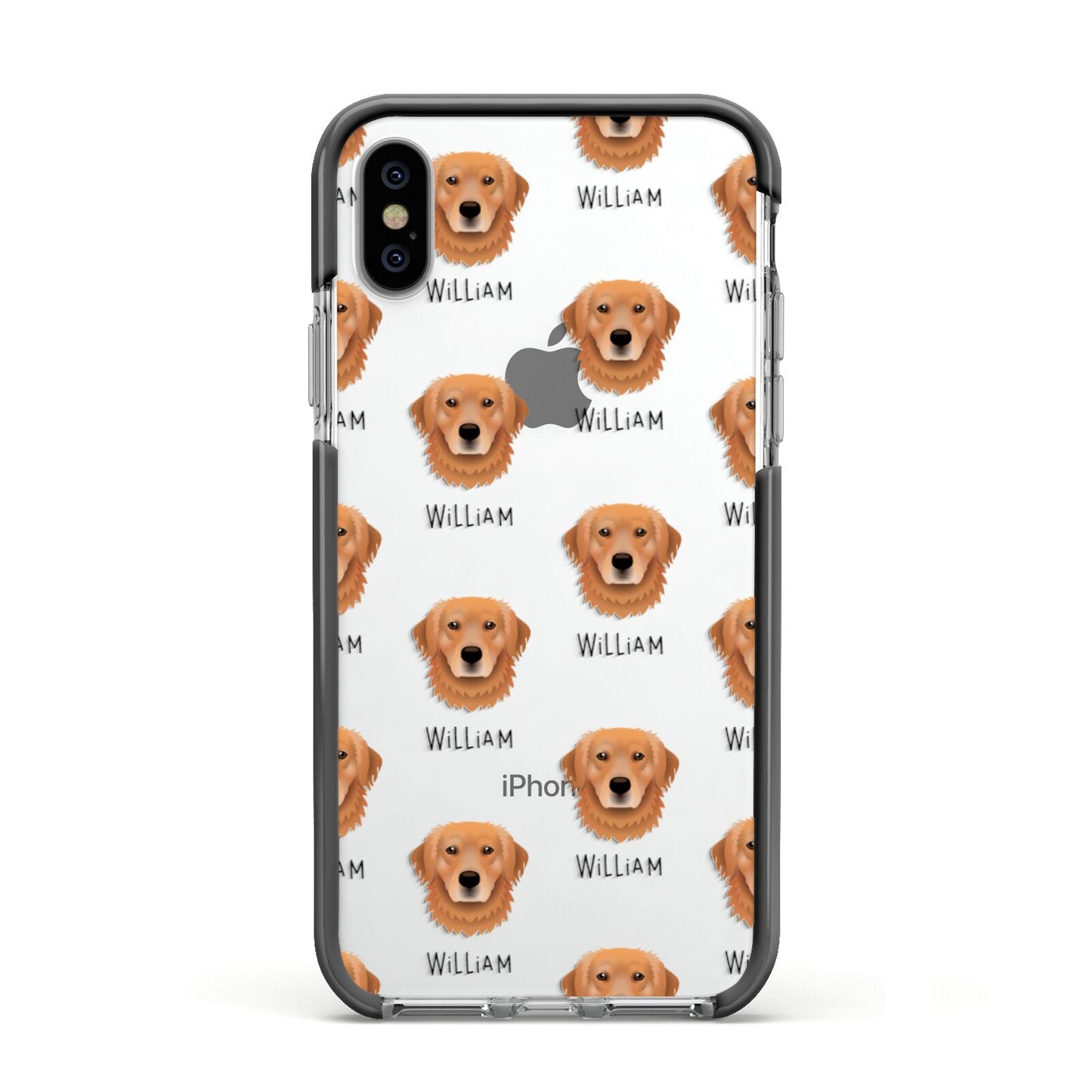 Golden Retriever Icon with Name Apple iPhone Xs Impact Case Black Edge on Silver Phone