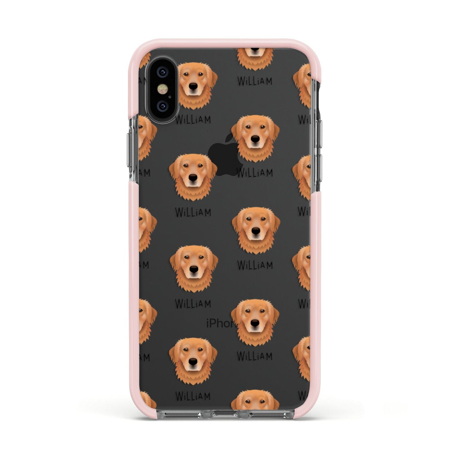 Golden Retriever Icon with Name Apple iPhone Xs Impact Case Pink Edge on Black Phone