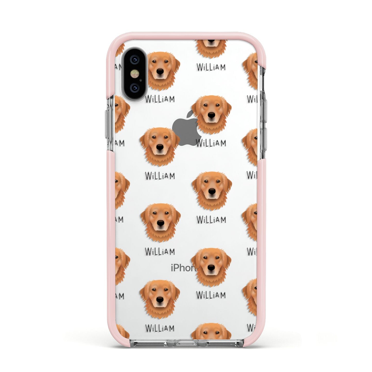 Golden Retriever Icon with Name Apple iPhone Xs Impact Case Pink Edge on Silver Phone