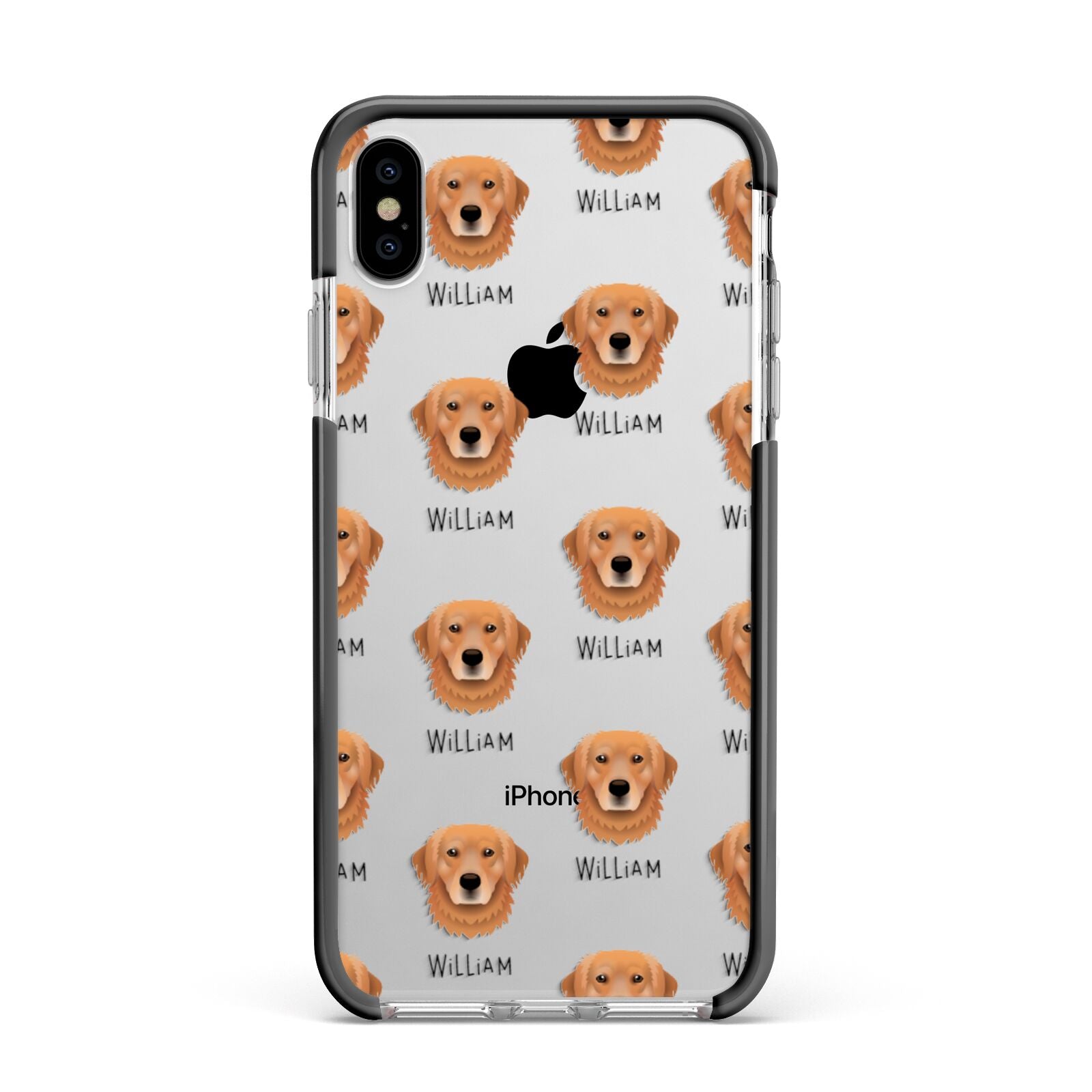 Golden Retriever Icon with Name Apple iPhone Xs Max Impact Case Black Edge on Silver Phone