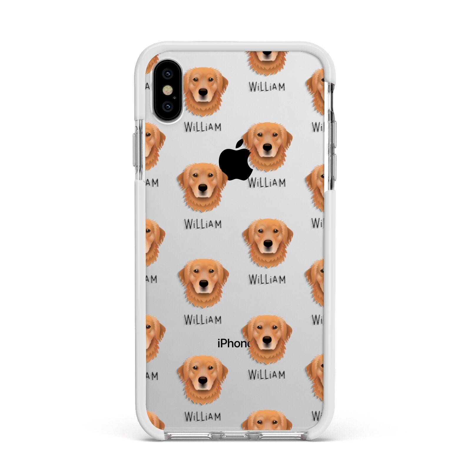 Golden Retriever Icon with Name Apple iPhone Xs Max Impact Case White Edge on Silver Phone