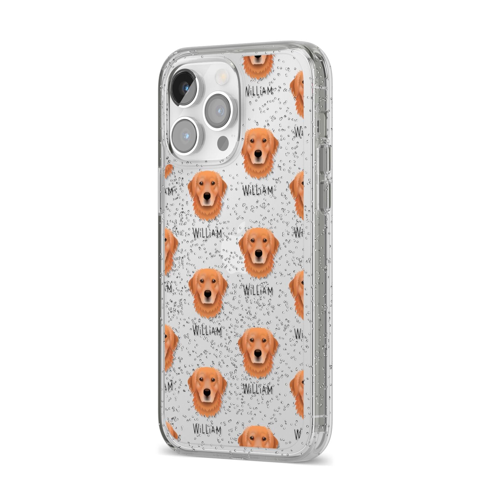 Golden Retriever Icon with Name iPhone 14 Pro Max Glitter Tough Case Silver Angled Image