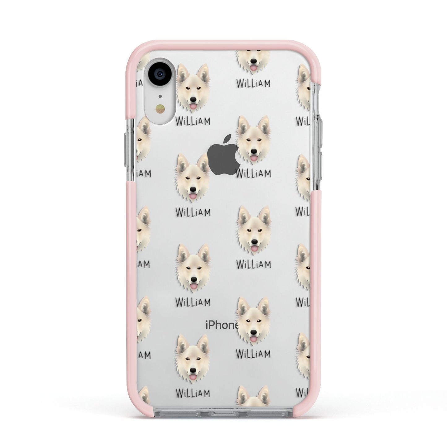 Golden Shepherd Icon with Name Apple iPhone XR Impact Case Pink Edge on Silver Phone