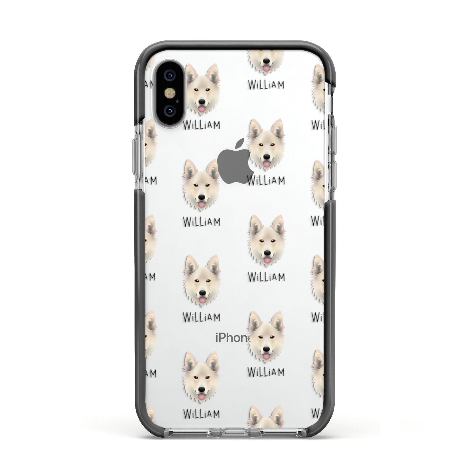 Golden Shepherd Icon with Name Apple iPhone Xs Impact Case Black Edge on Silver Phone