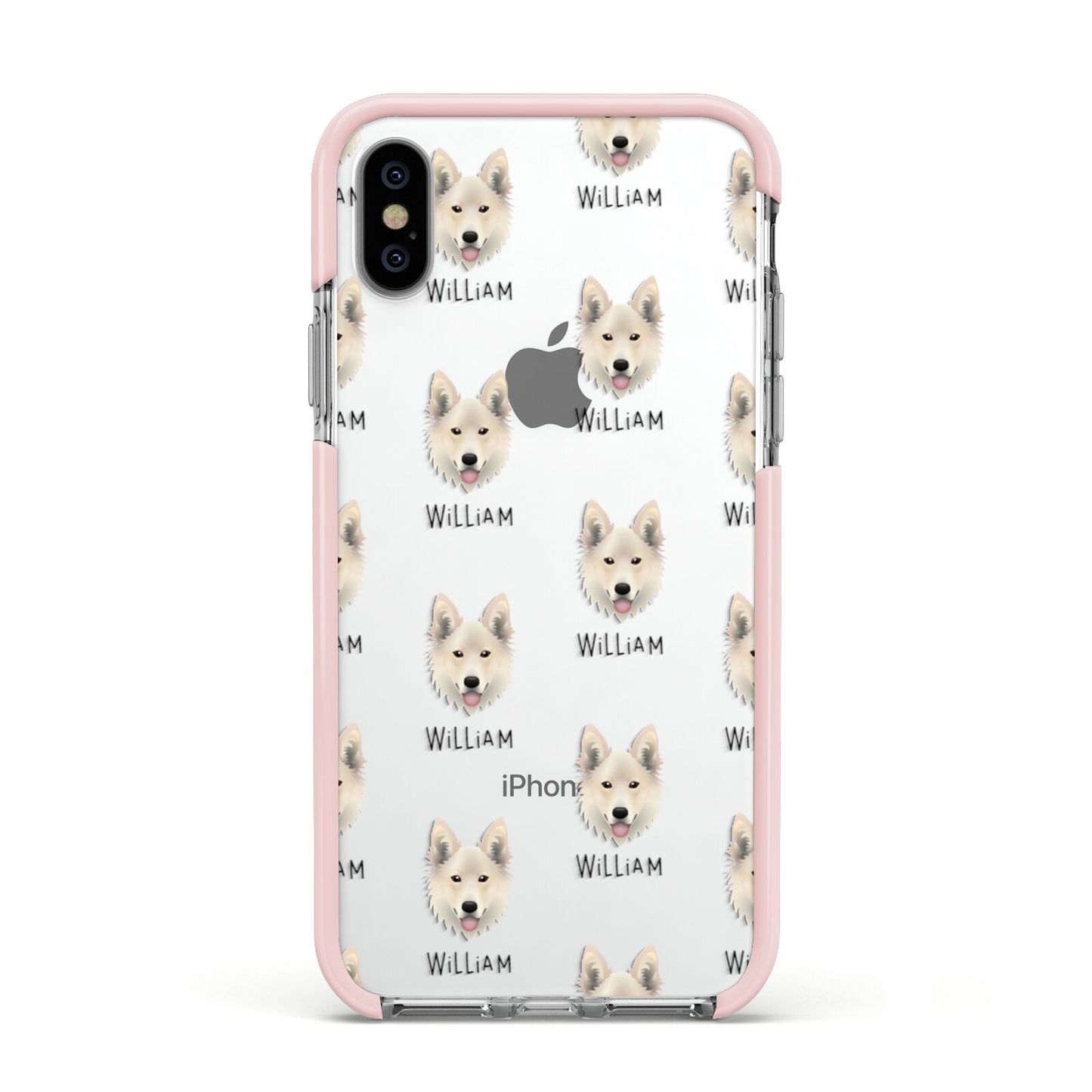 Golden Shepherd Icon with Name Apple iPhone Xs Impact Case Pink Edge on Silver Phone