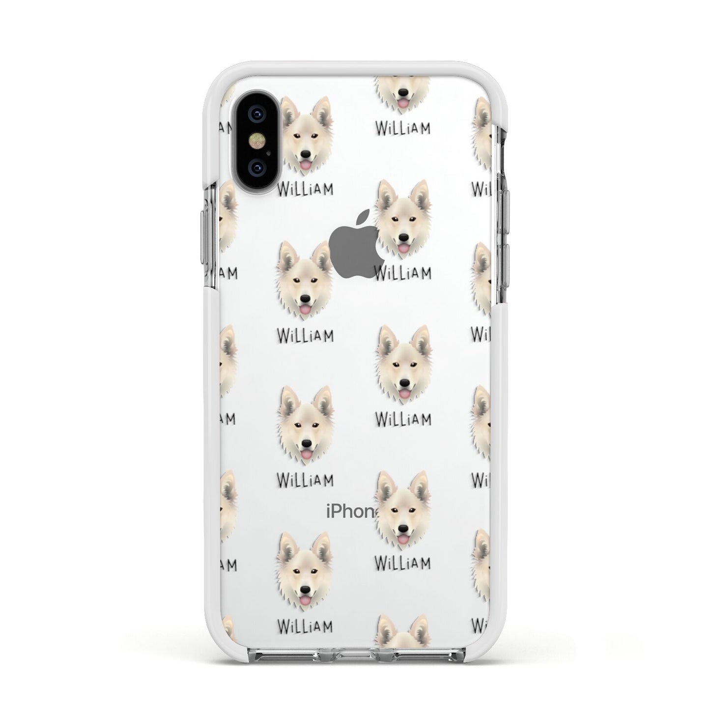 Golden Shepherd Icon with Name Apple iPhone Xs Impact Case White Edge on Silver Phone