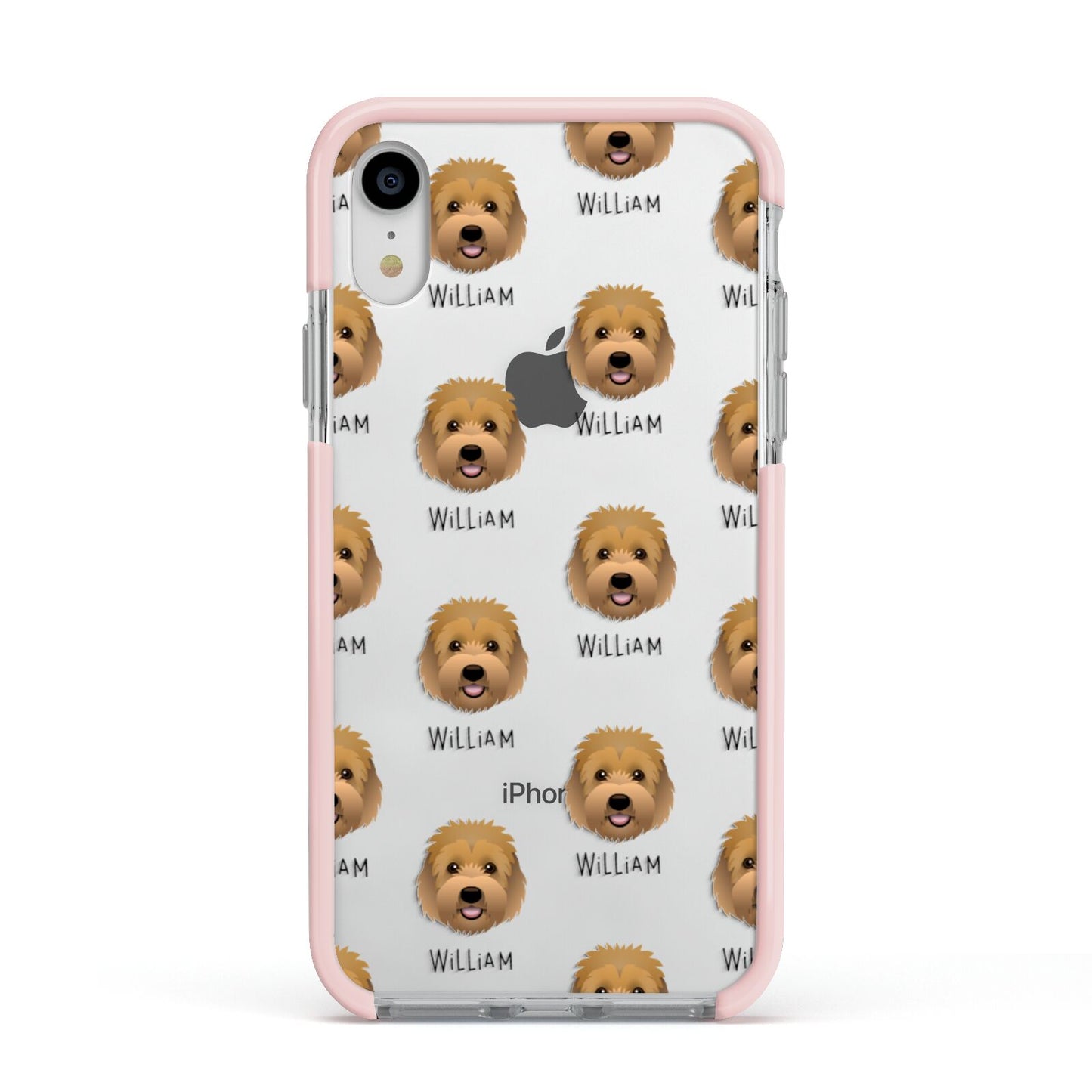 Goldendoodle Icon with Name Apple iPhone XR Impact Case Pink Edge on Silver Phone