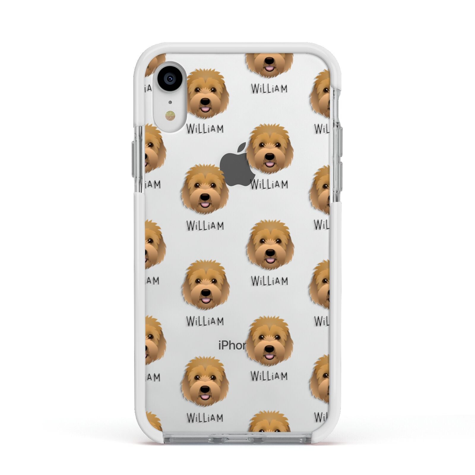 Goldendoodle Icon with Name Apple iPhone XR Impact Case White Edge on Silver Phone