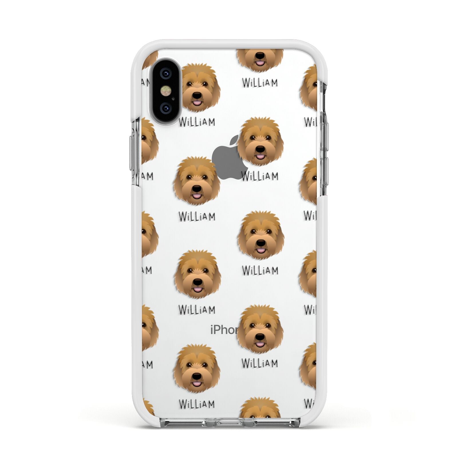 Goldendoodle Icon with Name Apple iPhone Xs Impact Case White Edge on Silver Phone