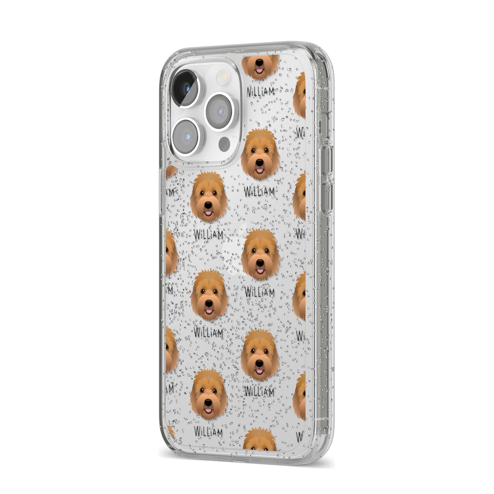 Goldendoodle Icon with Name iPhone 14 Pro Max Glitter Tough Case Silver Angled Image