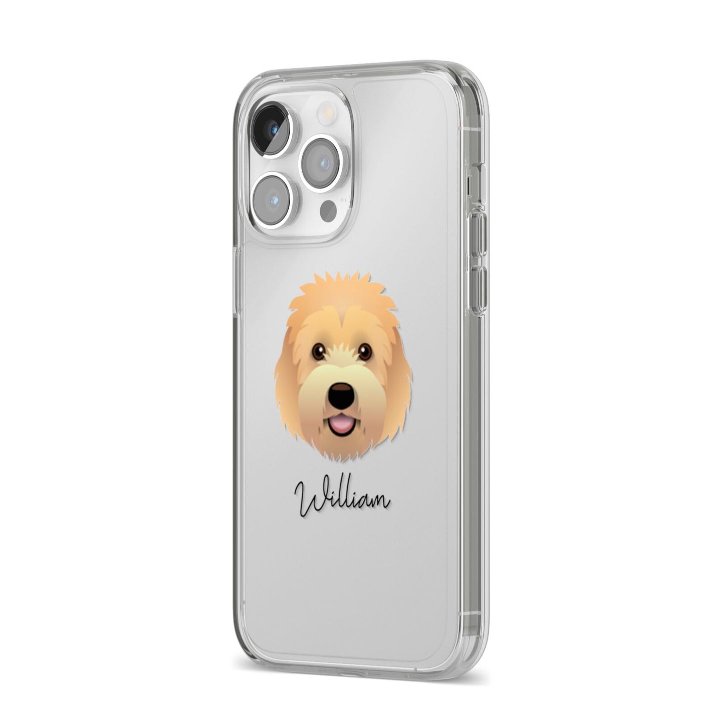 Goldendoodle Personalised iPhone 14 Pro Max Clear Tough Case Silver Angled Image