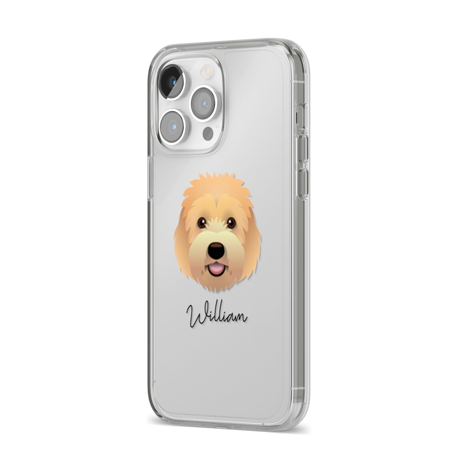 Goldendoodle Personalised iPhone 14 Pro Max Clear Tough Case Silver Angled Image