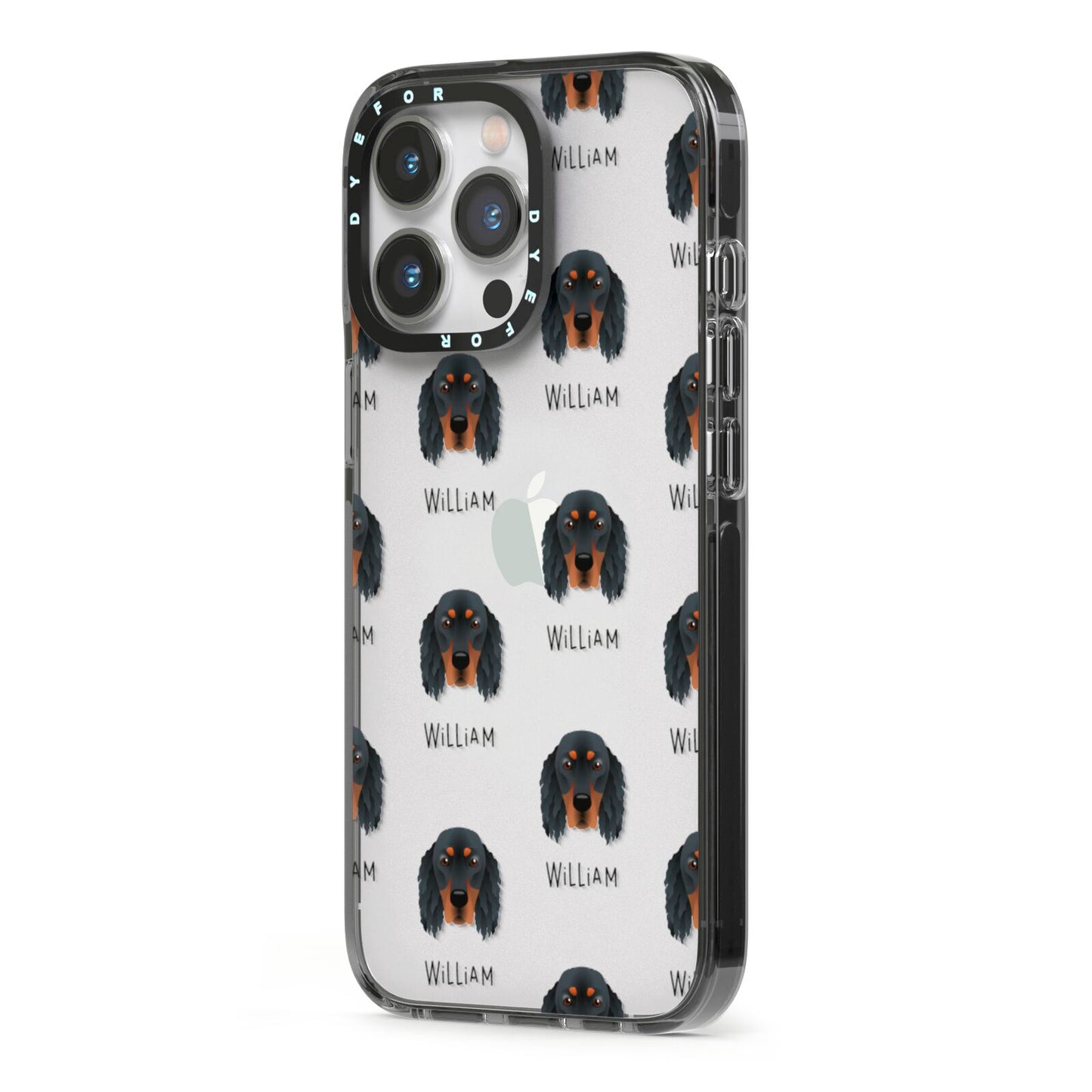 Gordon Setter Icon with Name iPhone 13 Pro Black Impact Case Side Angle on Silver phone