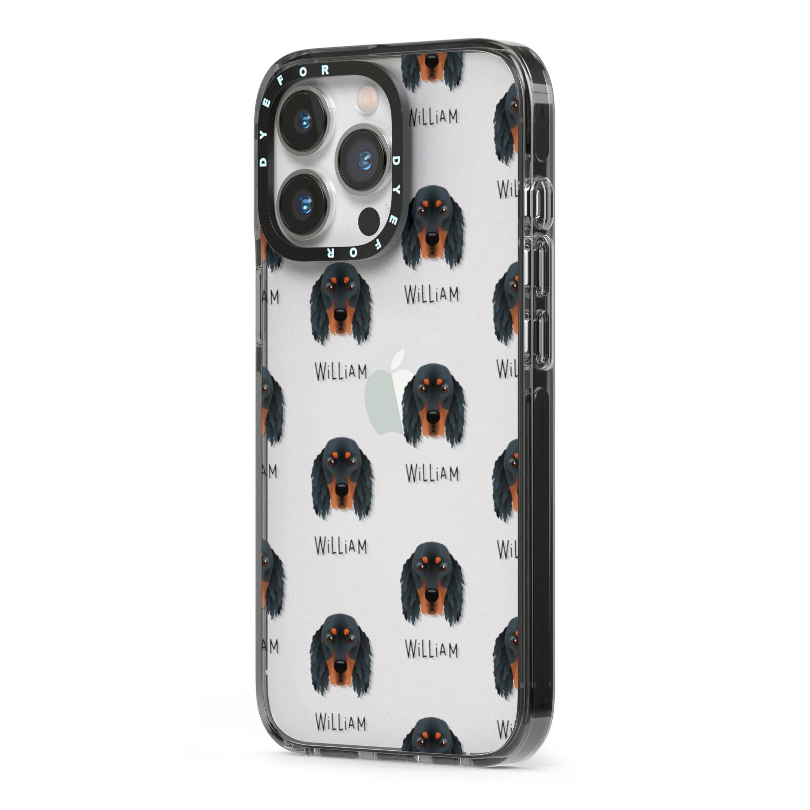 Gordon Setter Icon with Name iPhone 13 Pro Black Impact Case Side Angle on Silver phone