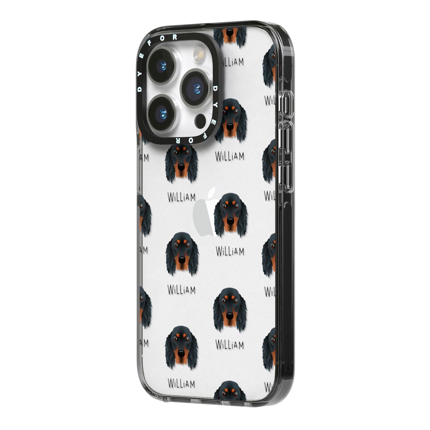 Gordon Setter Icon with Name iPhone 14 Pro Black Impact Case Side Angle on Silver phone