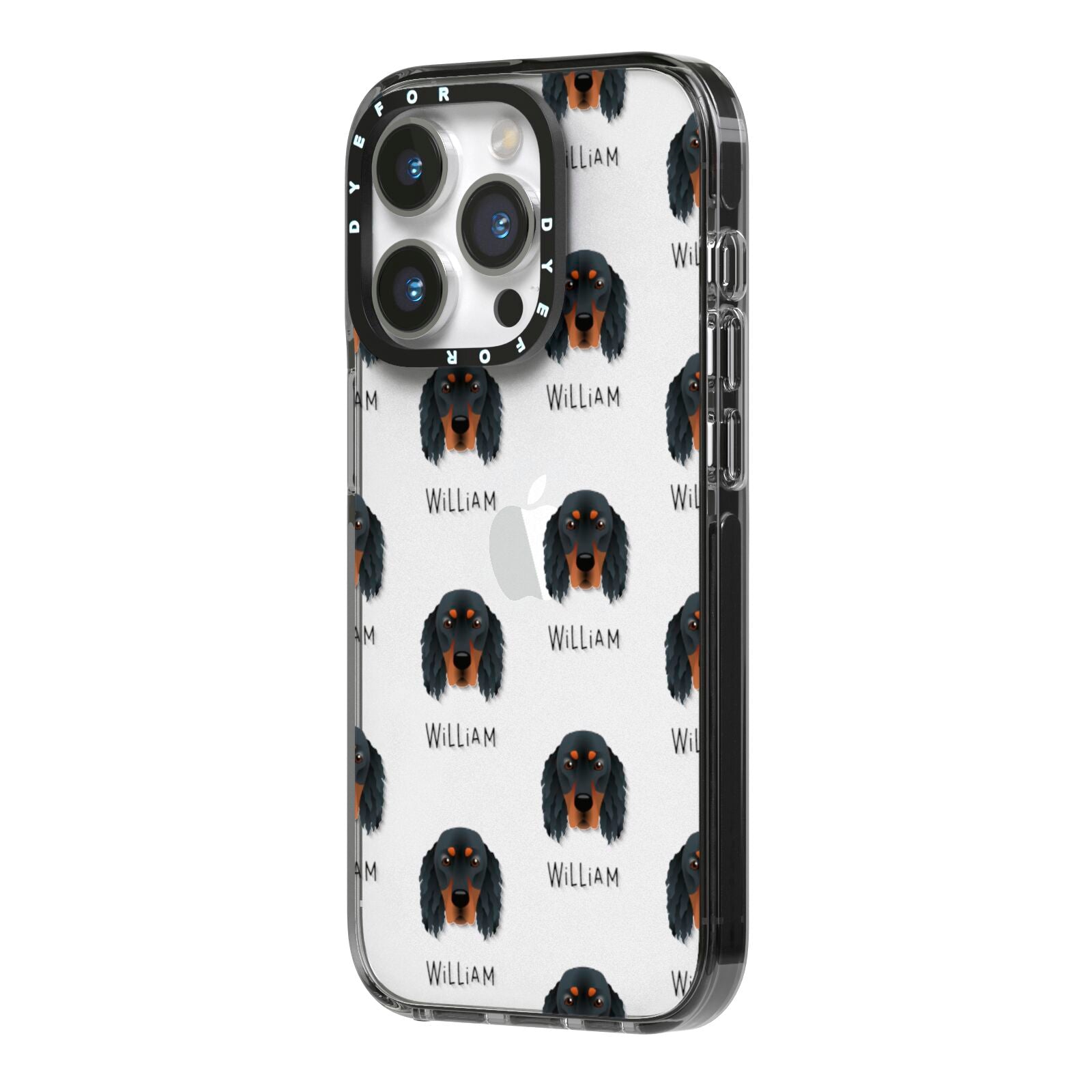 Gordon Setter Icon with Name iPhone 14 Pro Black Impact Case Side Angle on Silver phone