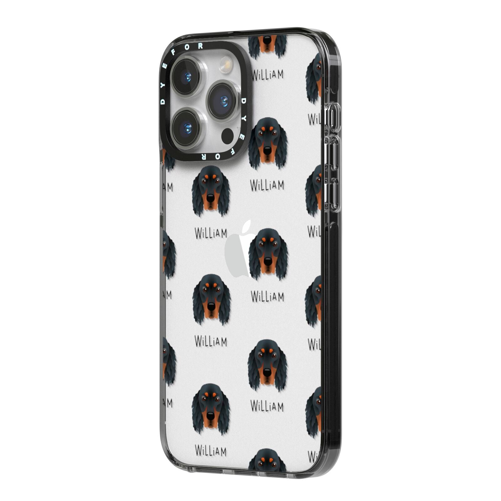Gordon Setter Icon with Name iPhone 14 Pro Max Black Impact Case Side Angle on Silver phone
