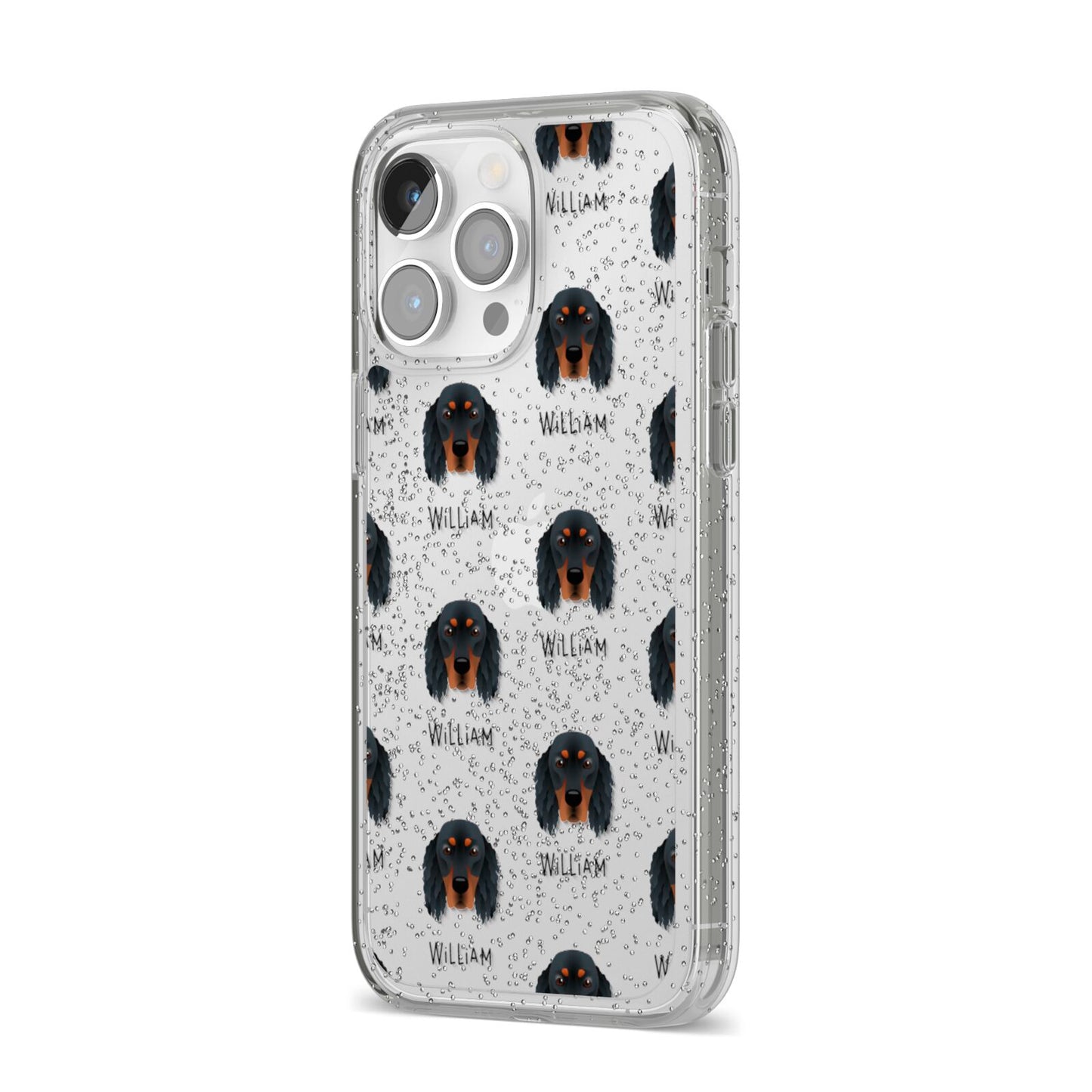 Gordon Setter Icon with Name iPhone 14 Pro Max Glitter Tough Case Silver Angled Image