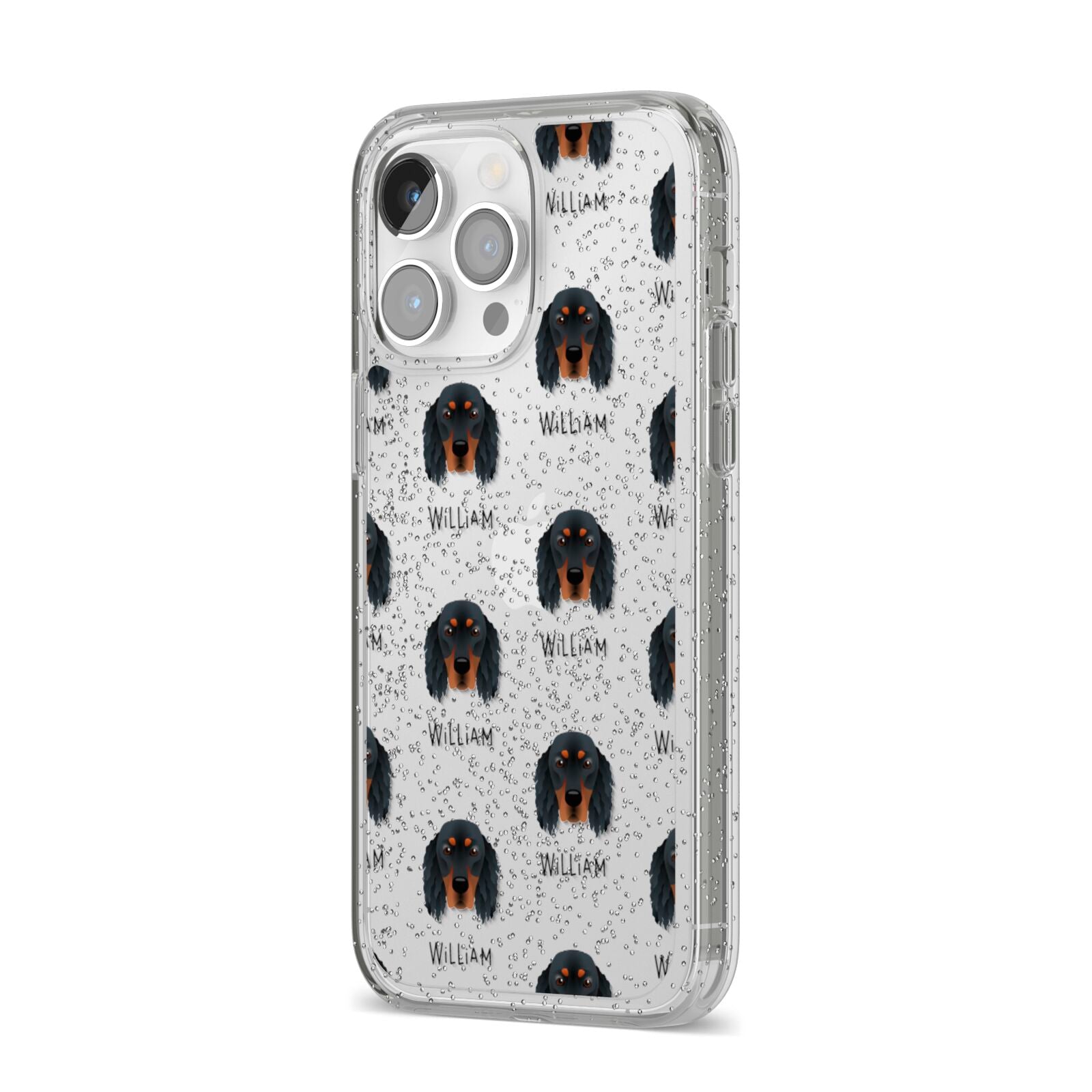 Gordon Setter Icon with Name iPhone 14 Pro Max Glitter Tough Case Silver Angled Image