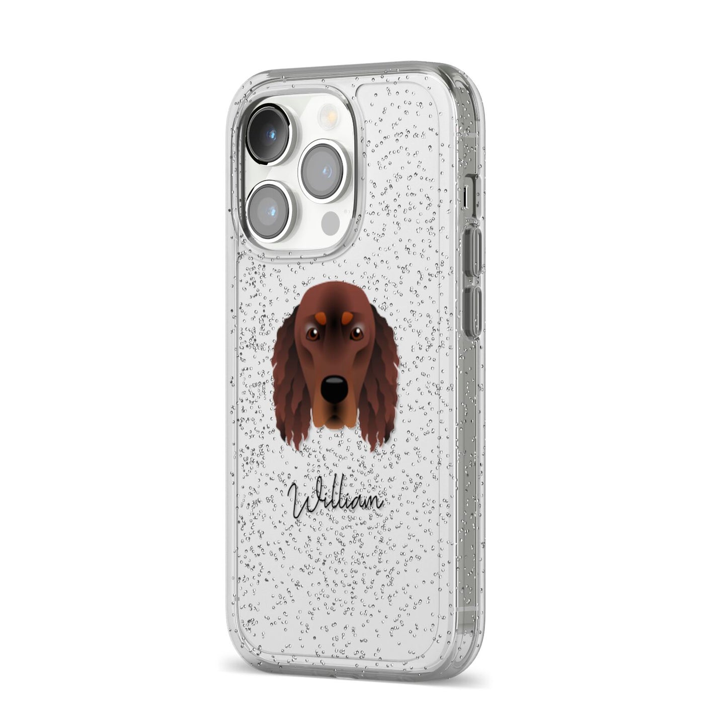 Gordon Setter Personalised iPhone 14 Pro Glitter Tough Case Silver Angled Image