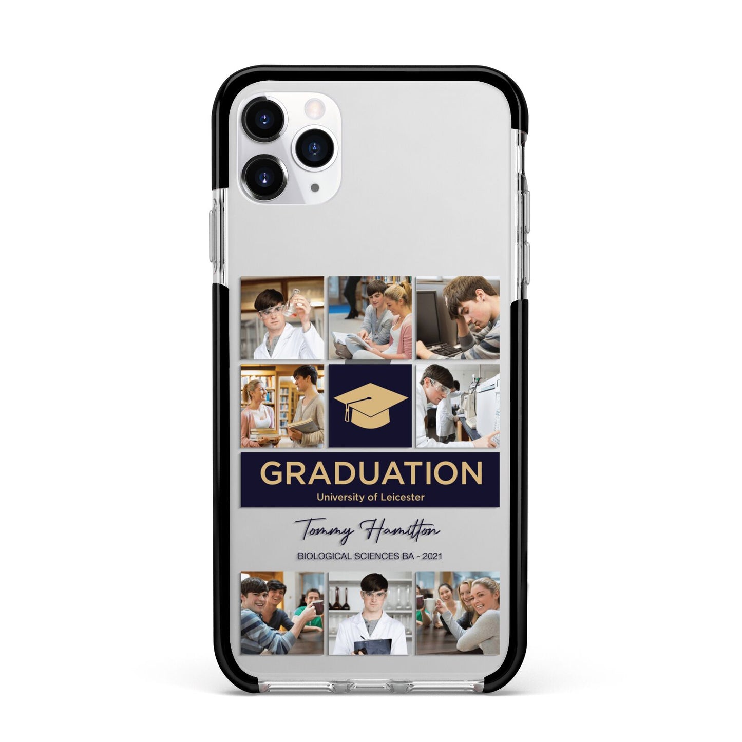 Graduation Personalised Photos Apple iPhone 11 Pro Max in Silver with Black Impact Case