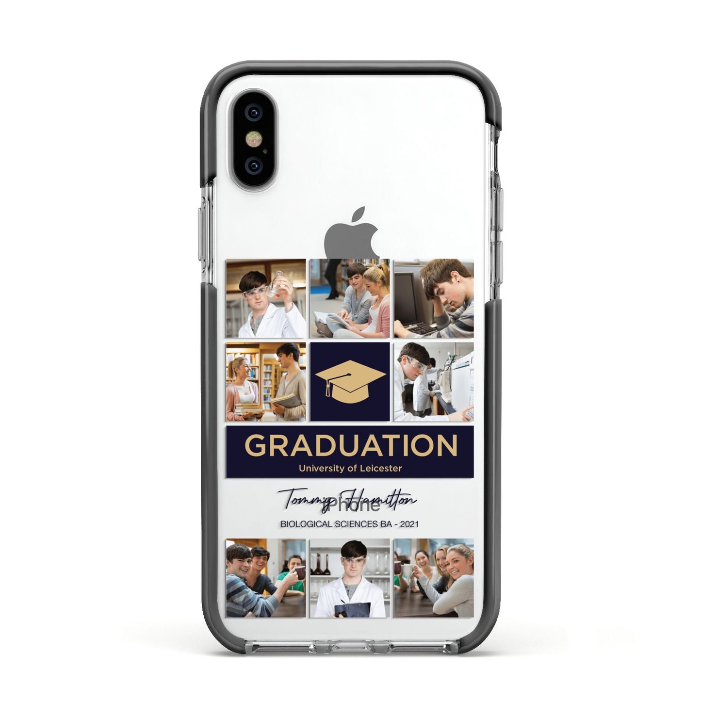 Graduation Personalised Photos Apple iPhone Xs Impact Case Black Edge on Silver Phone