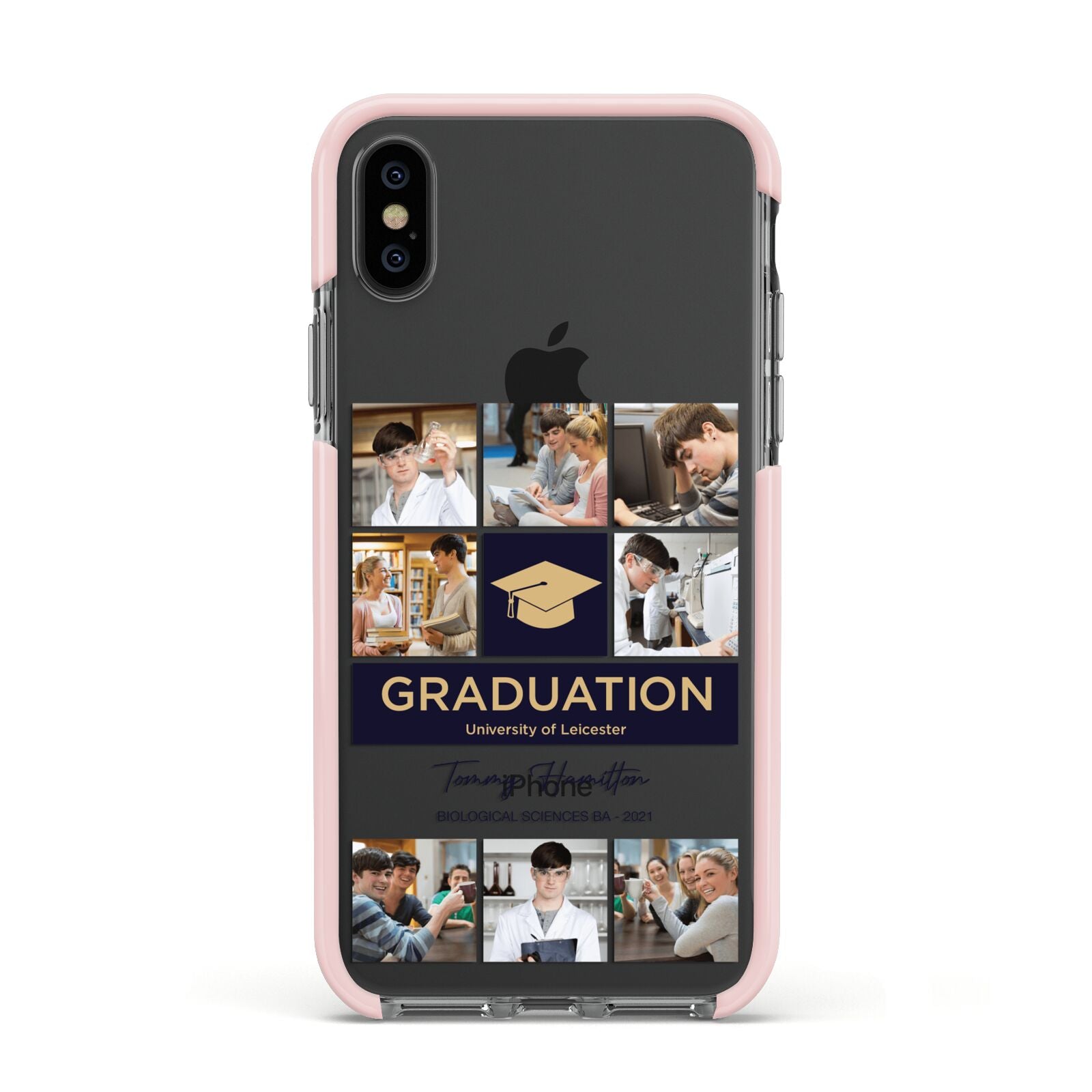 Graduation Personalised Photos Apple iPhone Xs Impact Case Pink Edge on Black Phone