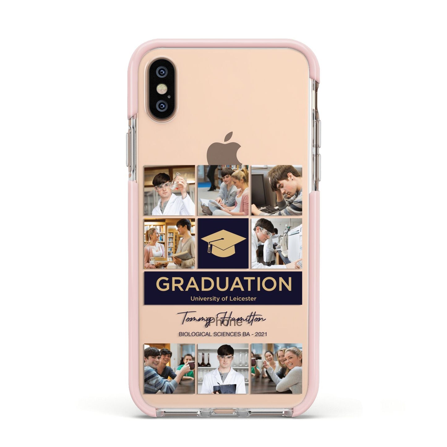 Graduation Personalised Photos Apple iPhone Xs Impact Case Pink Edge on Gold Phone