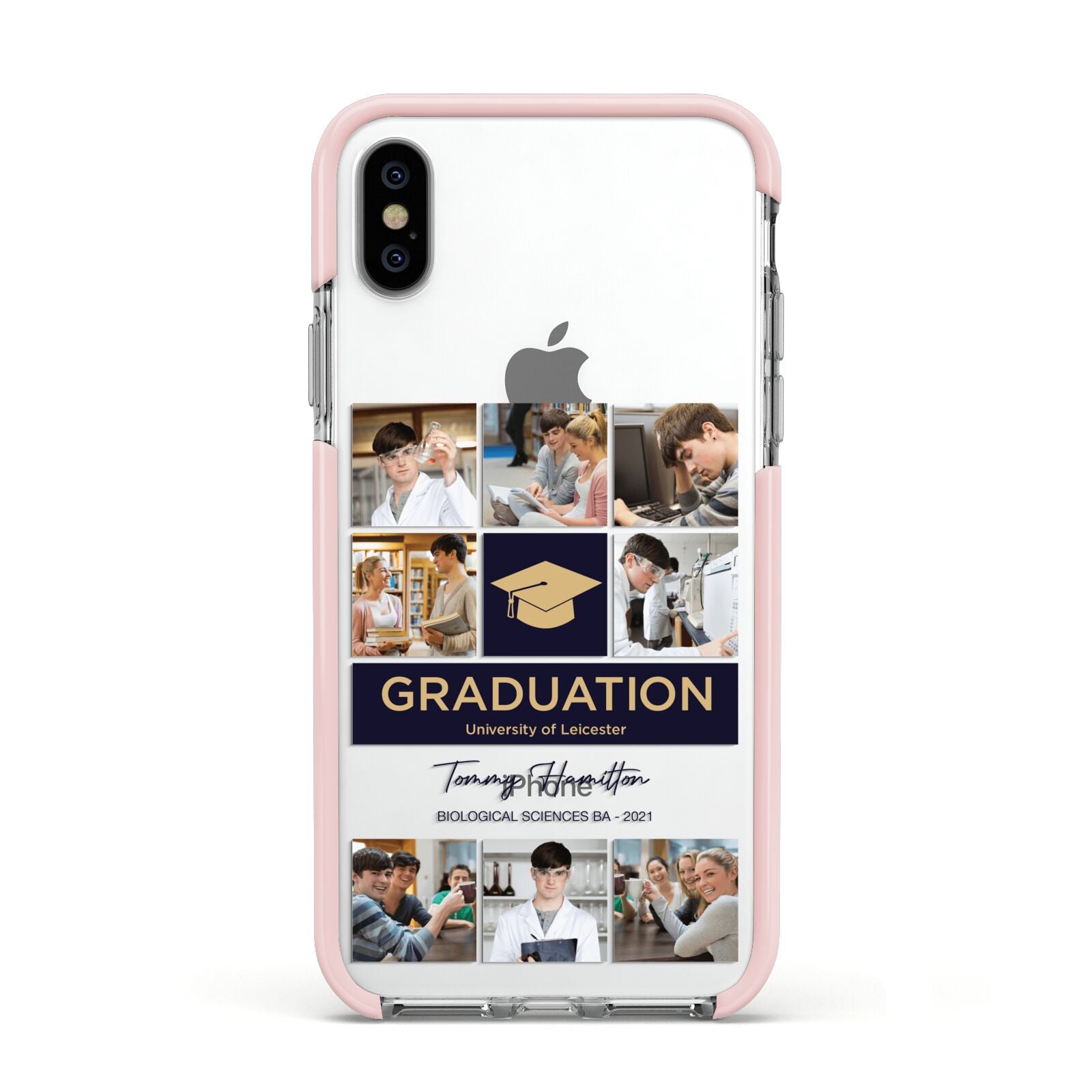 Graduation Personalised Photos Apple iPhone Xs Impact Case Pink Edge on Silver Phone