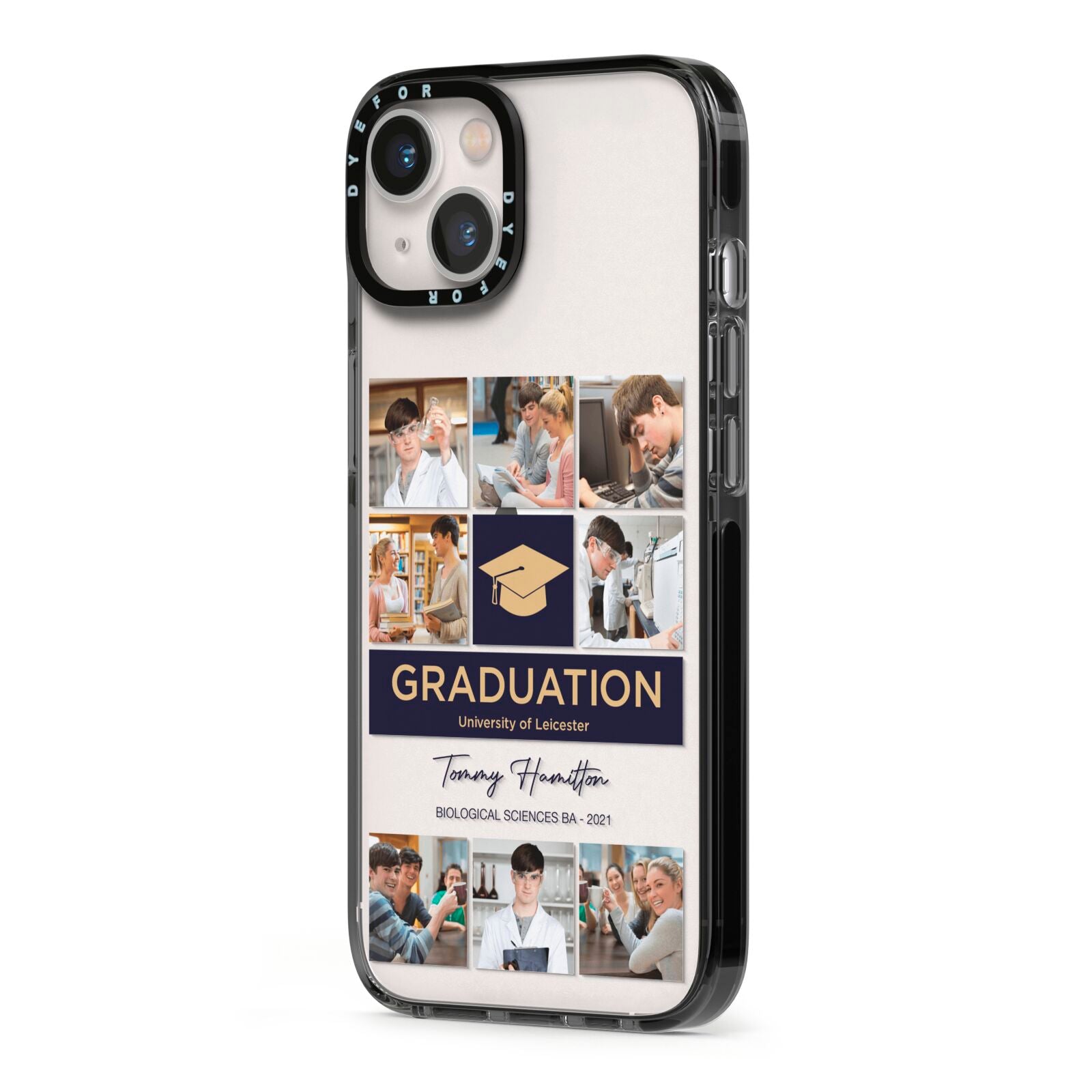 Graduation Personalised Photos iPhone 13 Black Impact Case Side Angle on Silver phone