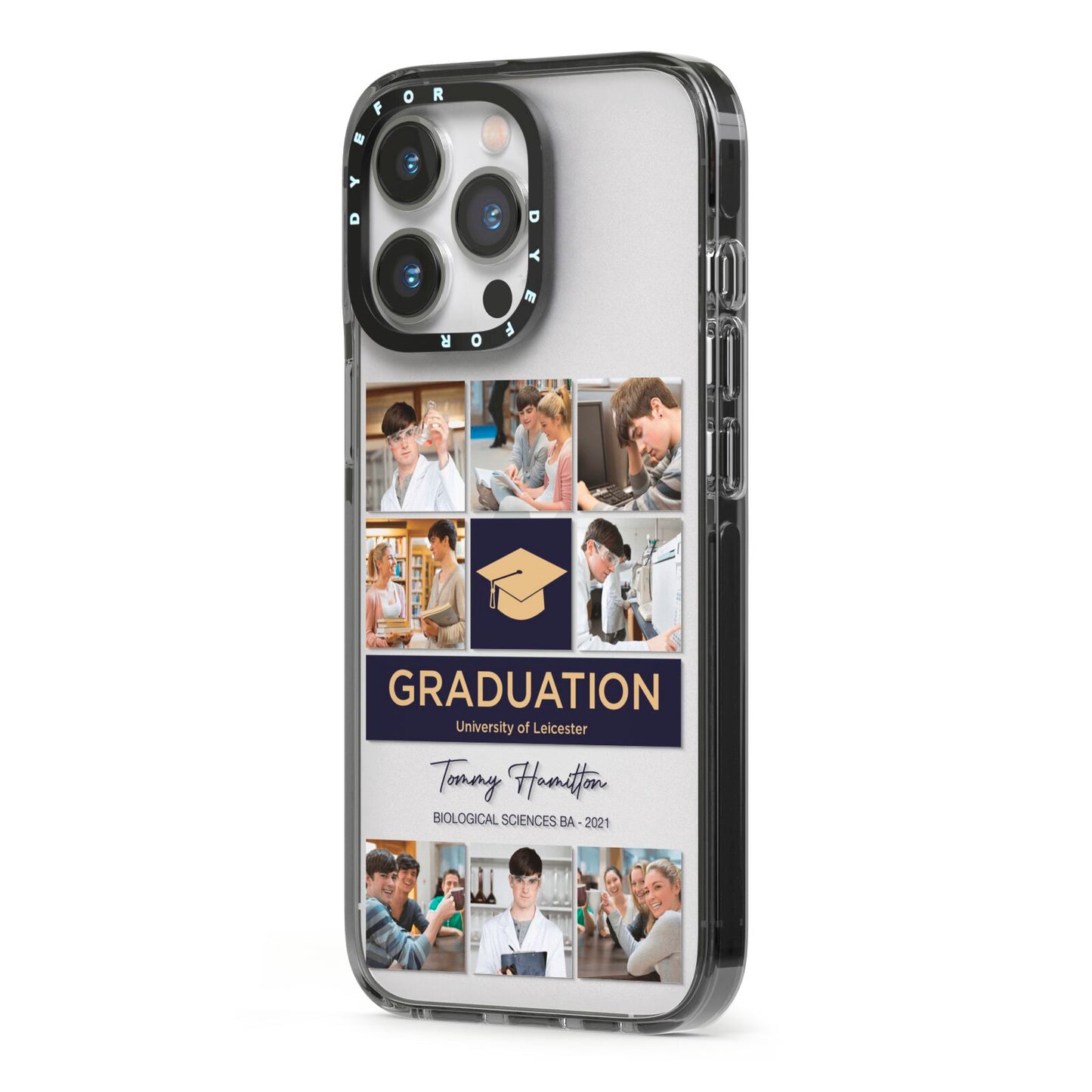 Graduation Personalised Photos iPhone 13 Pro Black Impact Case Side Angle on Silver phone