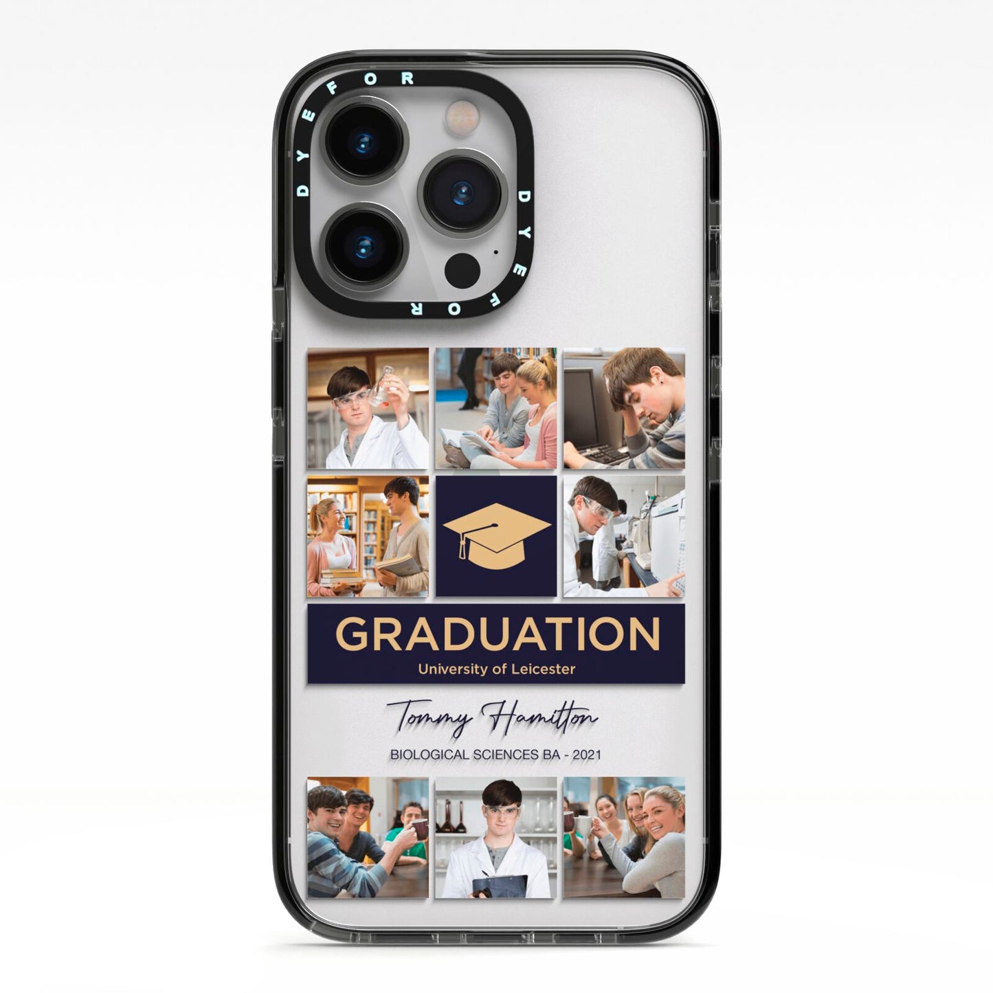 Graduation Personalised Photos iPhone 13 Pro Black Impact Case on Silver phone