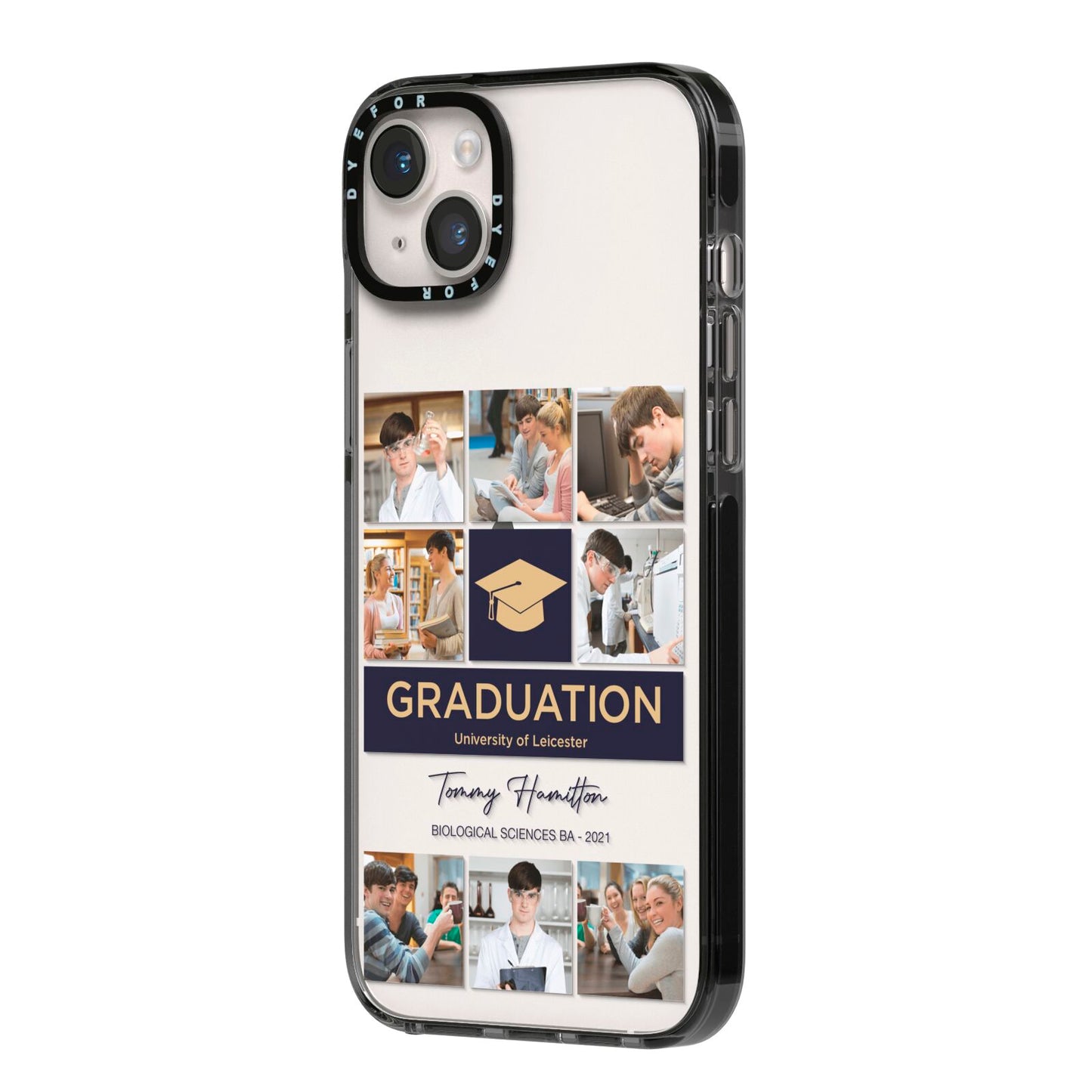 Graduation Personalised Photos iPhone 14 Plus Black Impact Case Side Angle on Silver phone