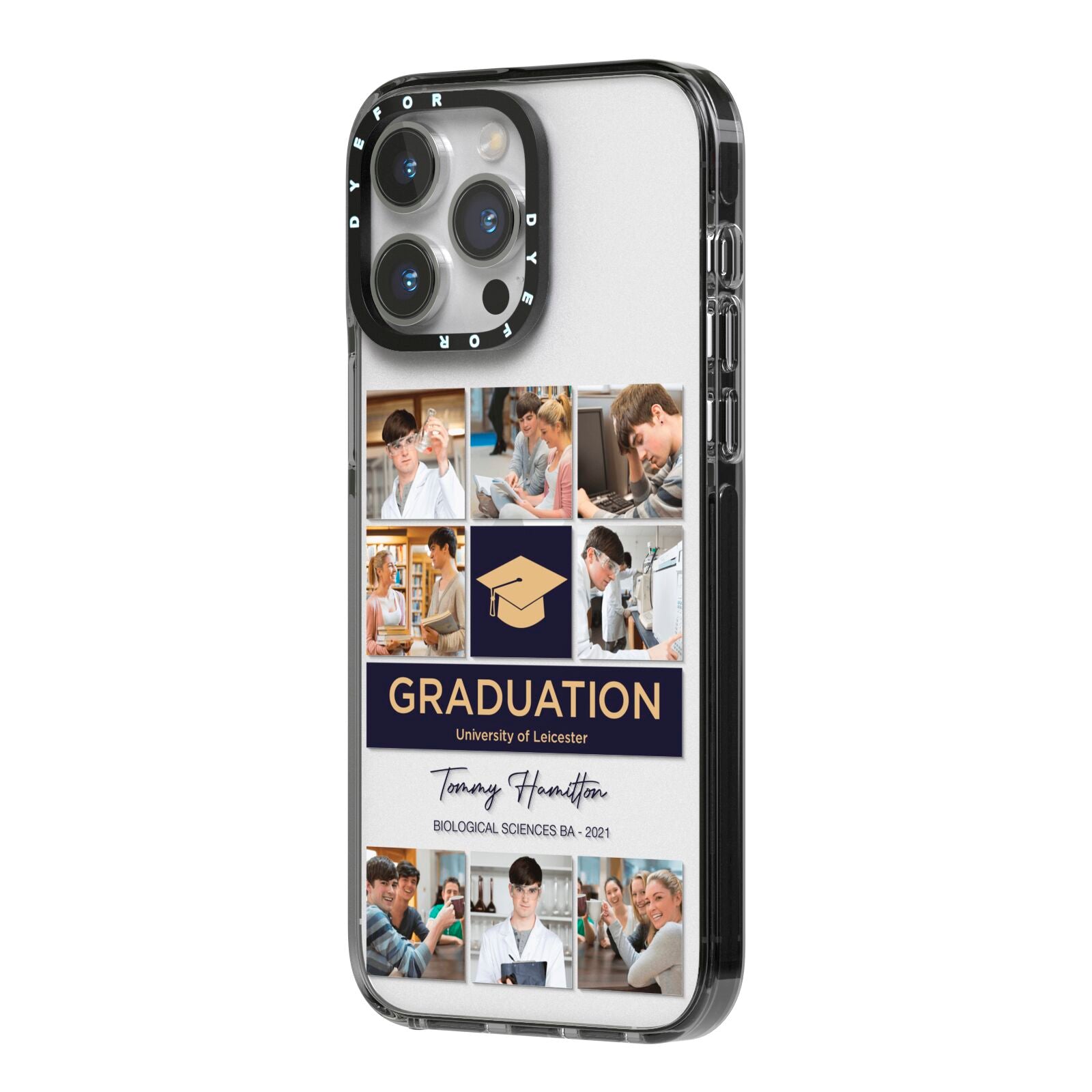 Graduation Personalised Photos iPhone 14 Pro Max Black Impact Case Side Angle on Silver phone