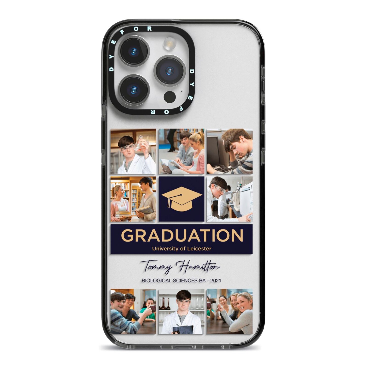 Graduation Personalised Photos iPhone 14 Pro Max Black Impact Case on Silver phone