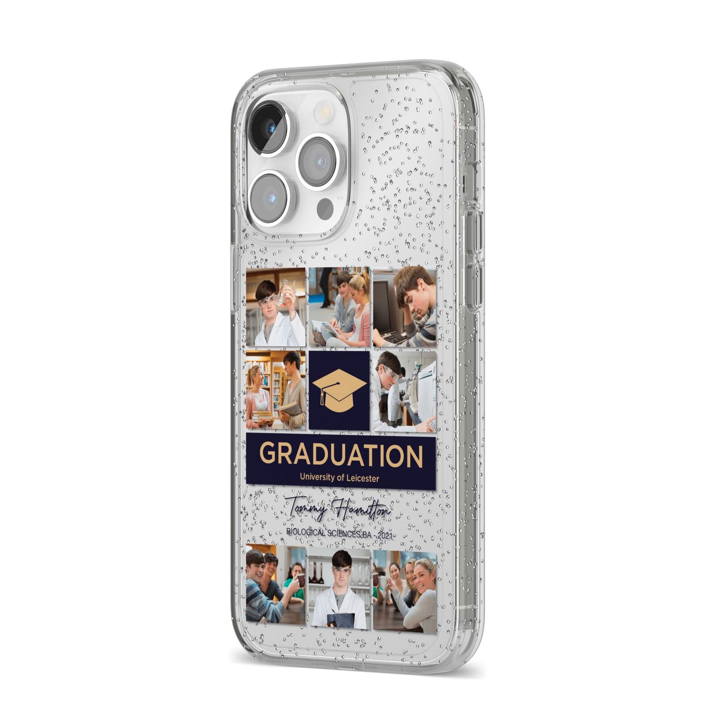 Graduation Personalised Photos iPhone 14 Pro Max Glitter Tough Case Silver Angled Image